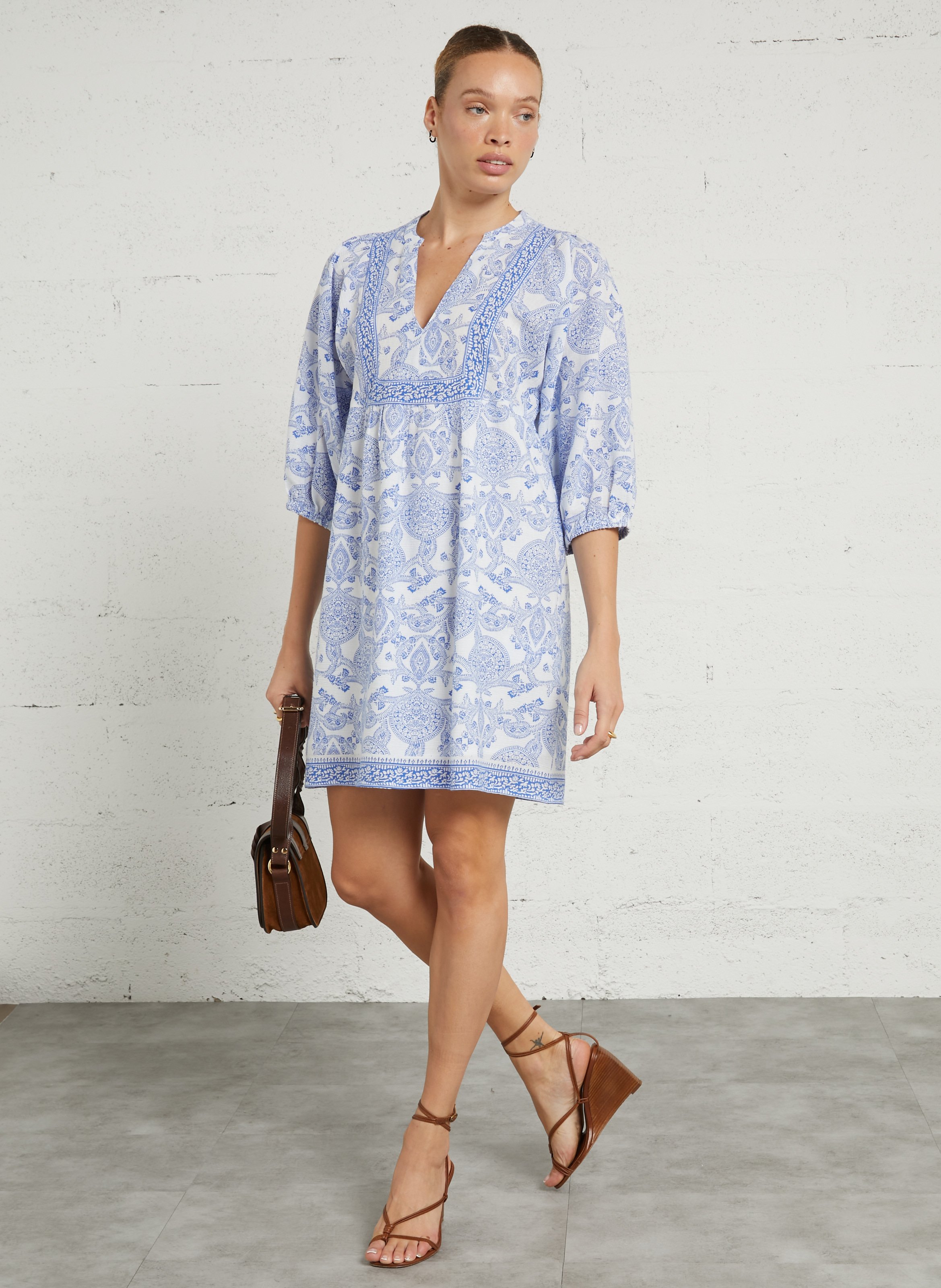 Midi dress with Tunisian collar in printed cotton and linen blend MAISON 123 Blue
