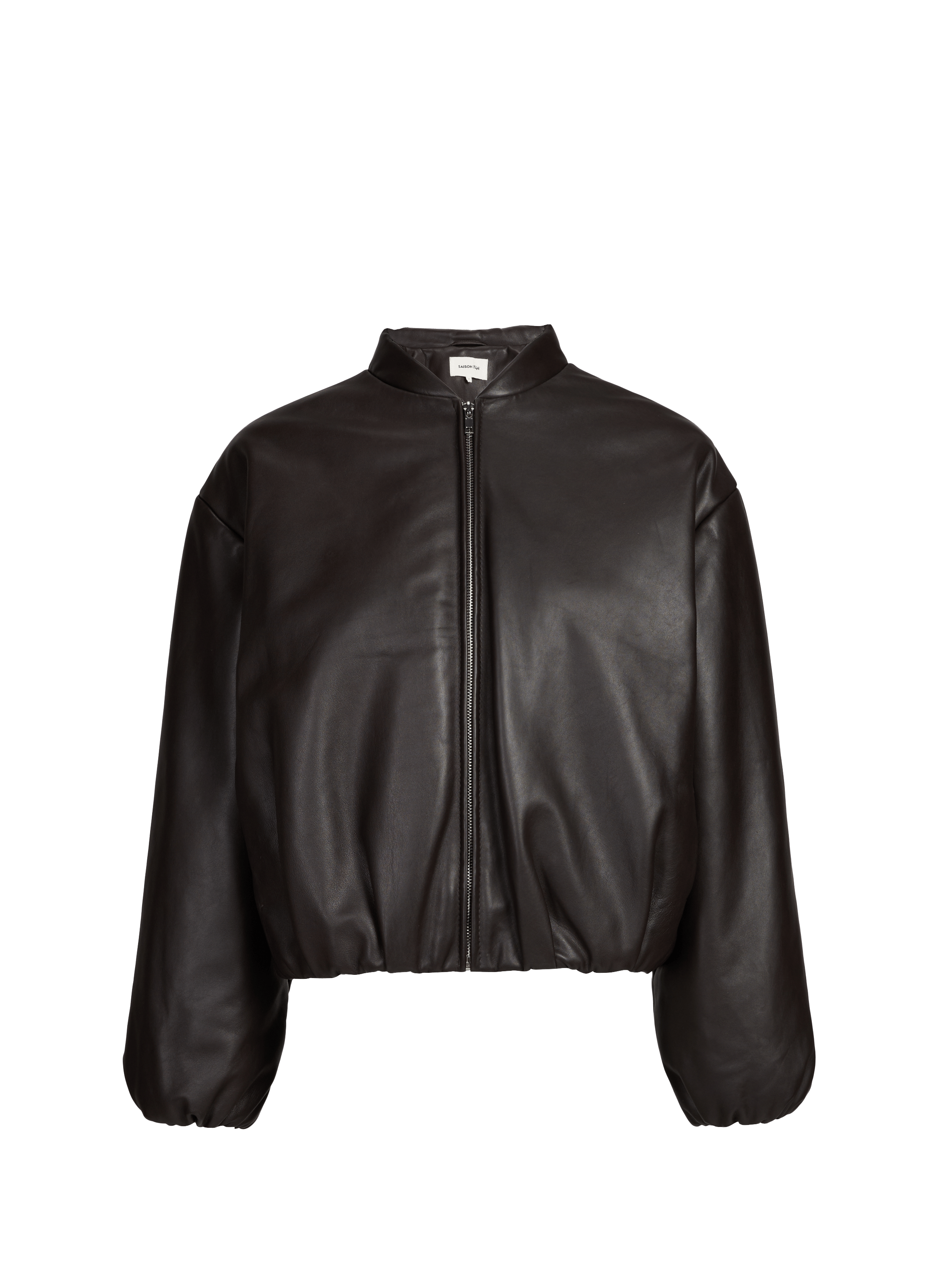Short leather bomber jacket with a hood and a puffy effect SAISON 1865 Brown