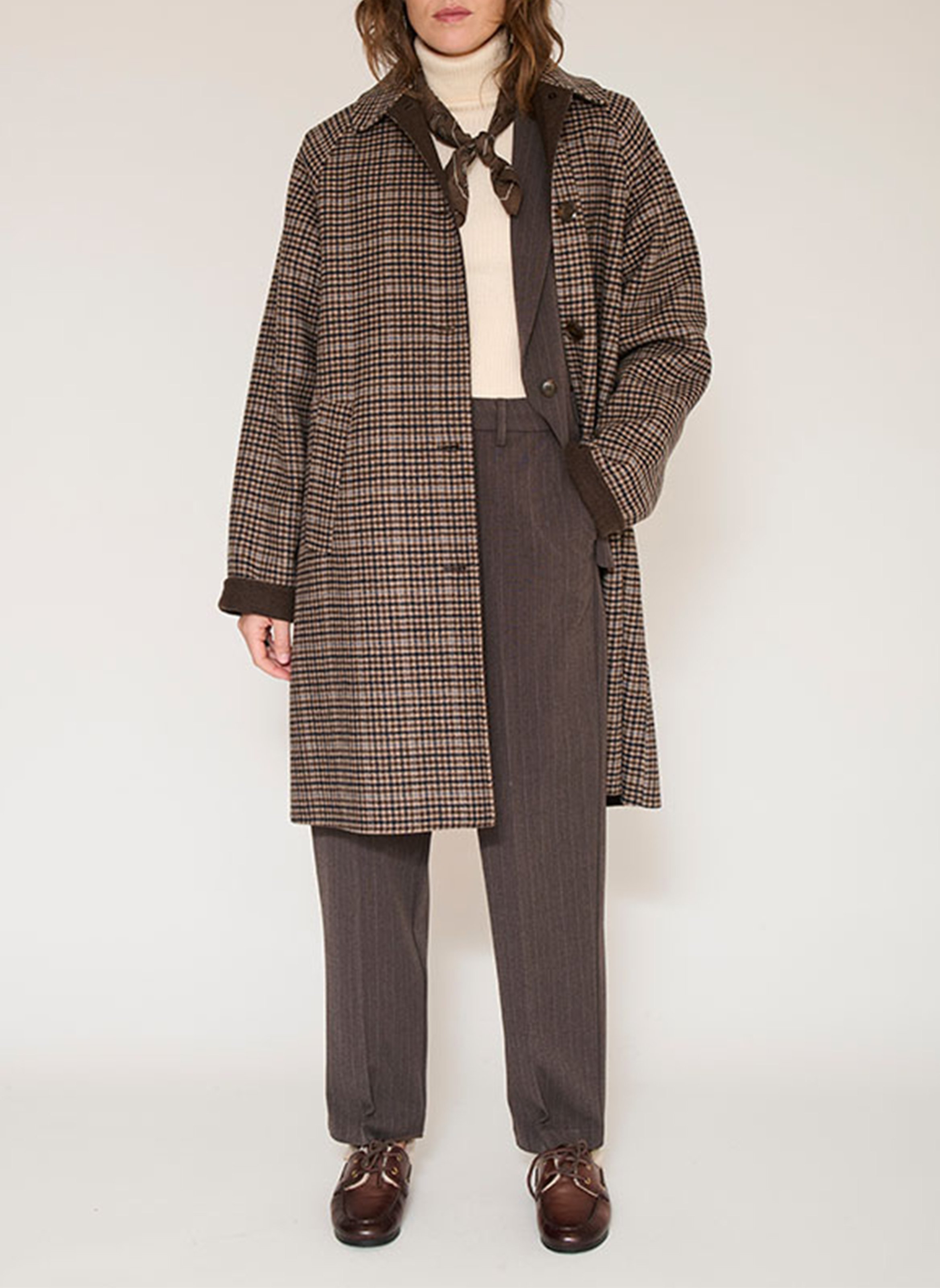 Manteau ample col classique motif prince-de-galles en laine mélangée MKT Marron