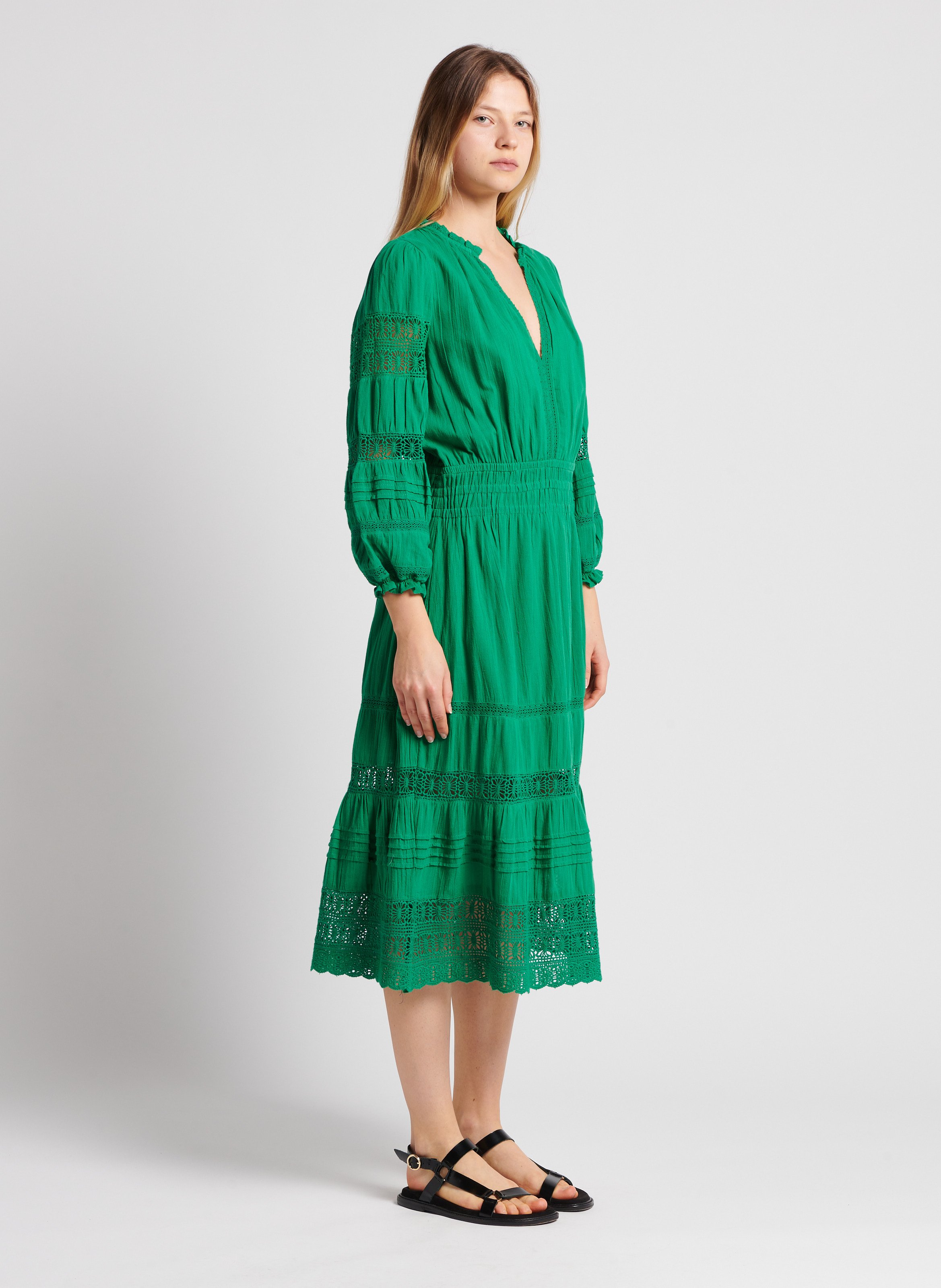 Robe midi col V en coton M.A.B.E Vert