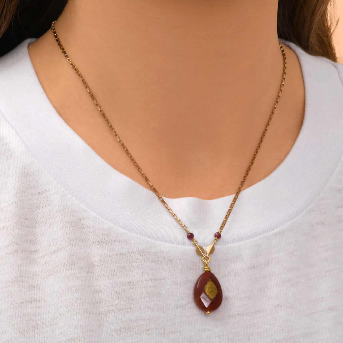 Collier pendentif réglable babylone cornaline SATELLITE PARIS Orange