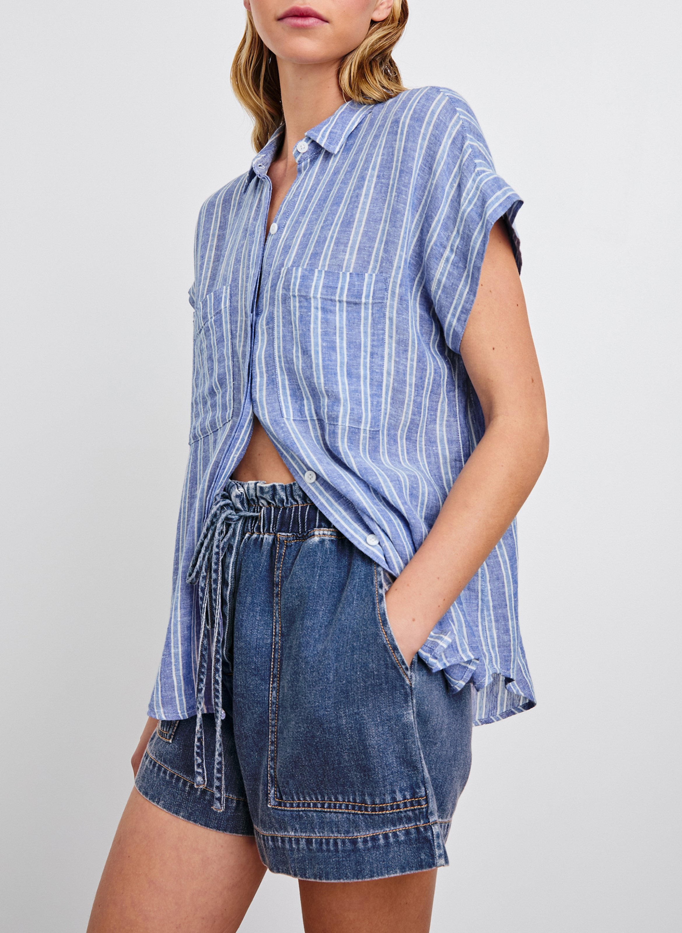 Blouse met klassieke kraag - linnenblend Blauw