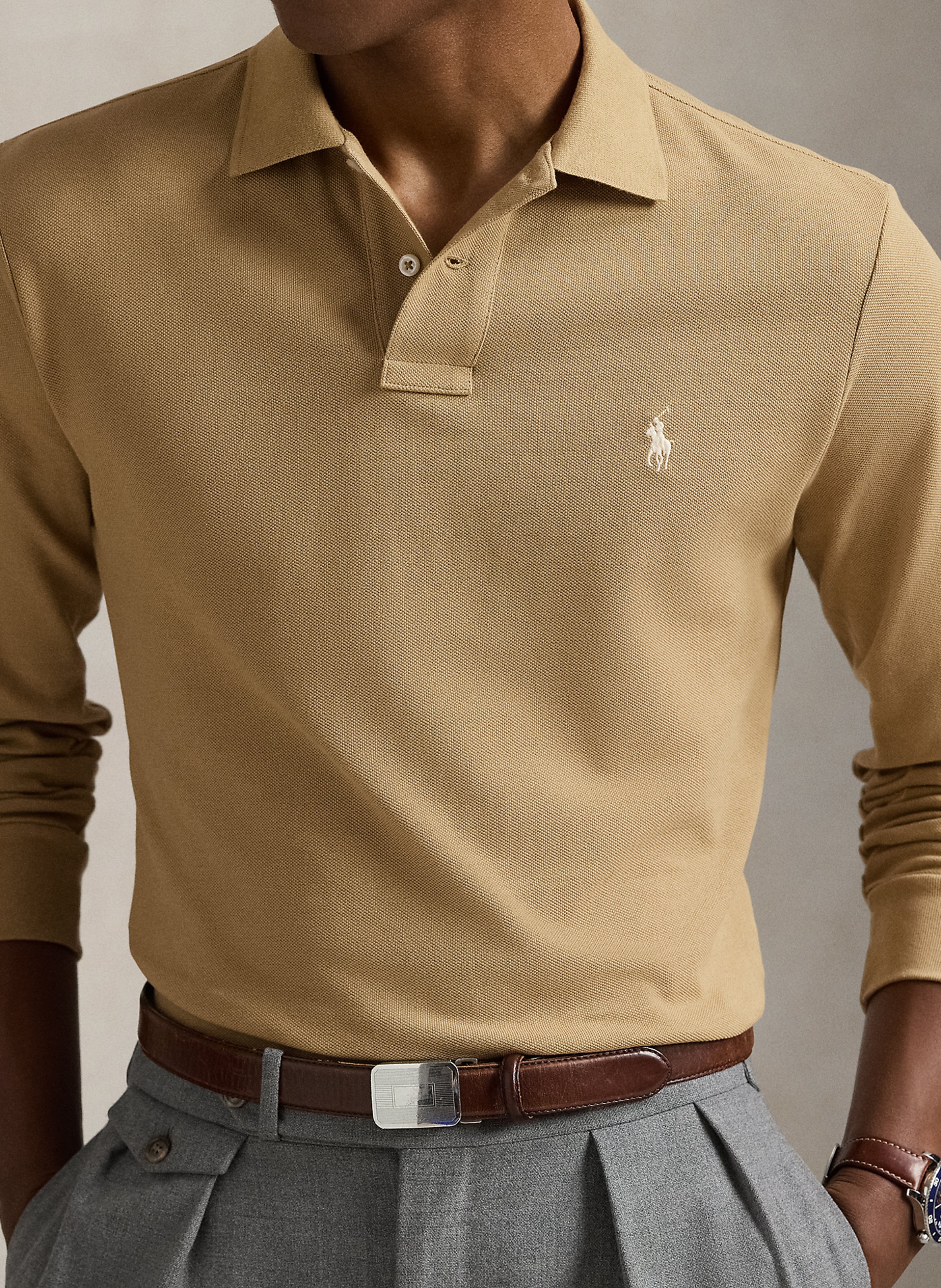 Regular-fit cotton piqué polo shirt with long sleeves POLO RALPH LAUREN Beige