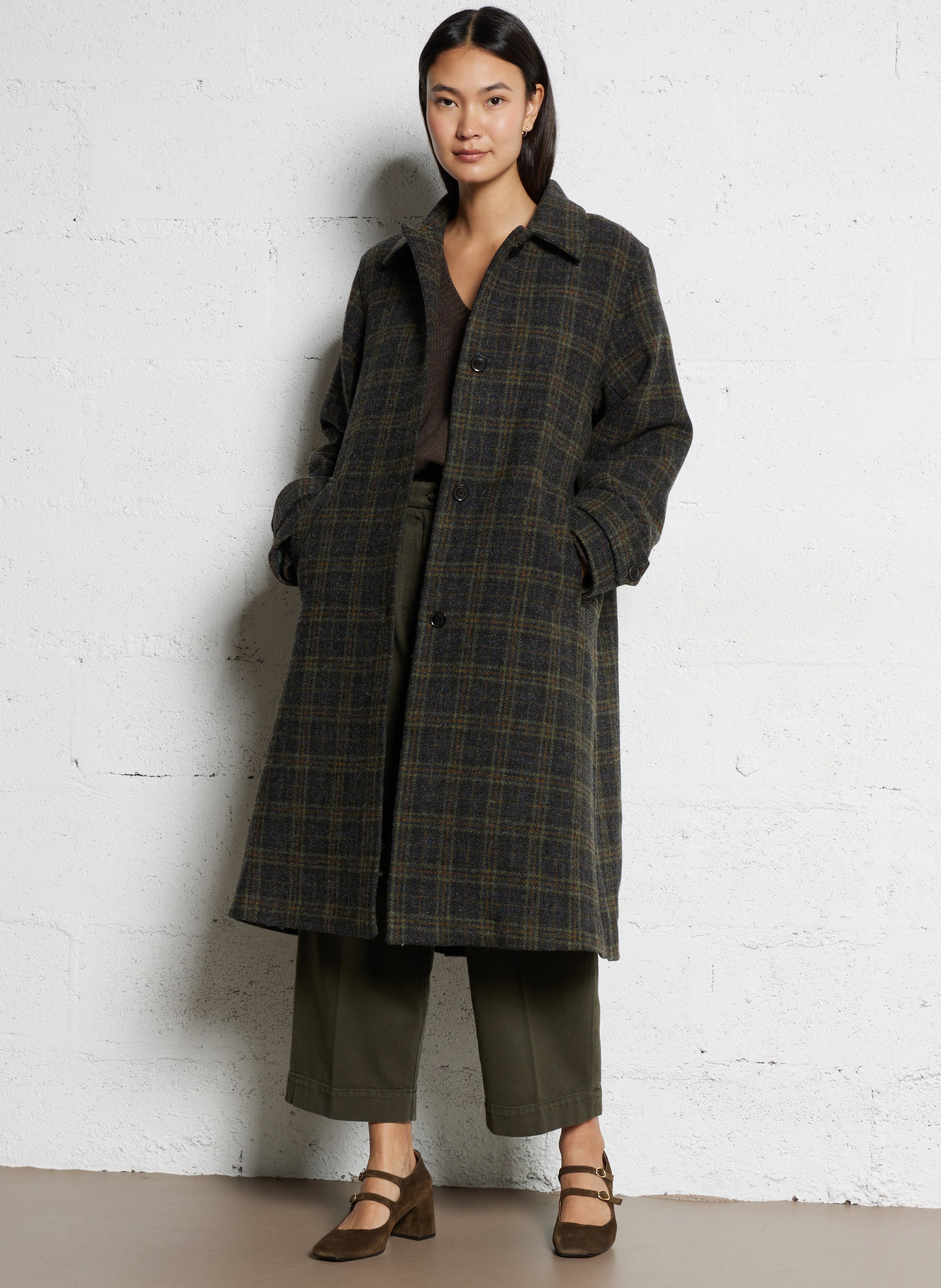 A-line coat with classic collar in virgin wool plaid BELLEPIECE Yellow