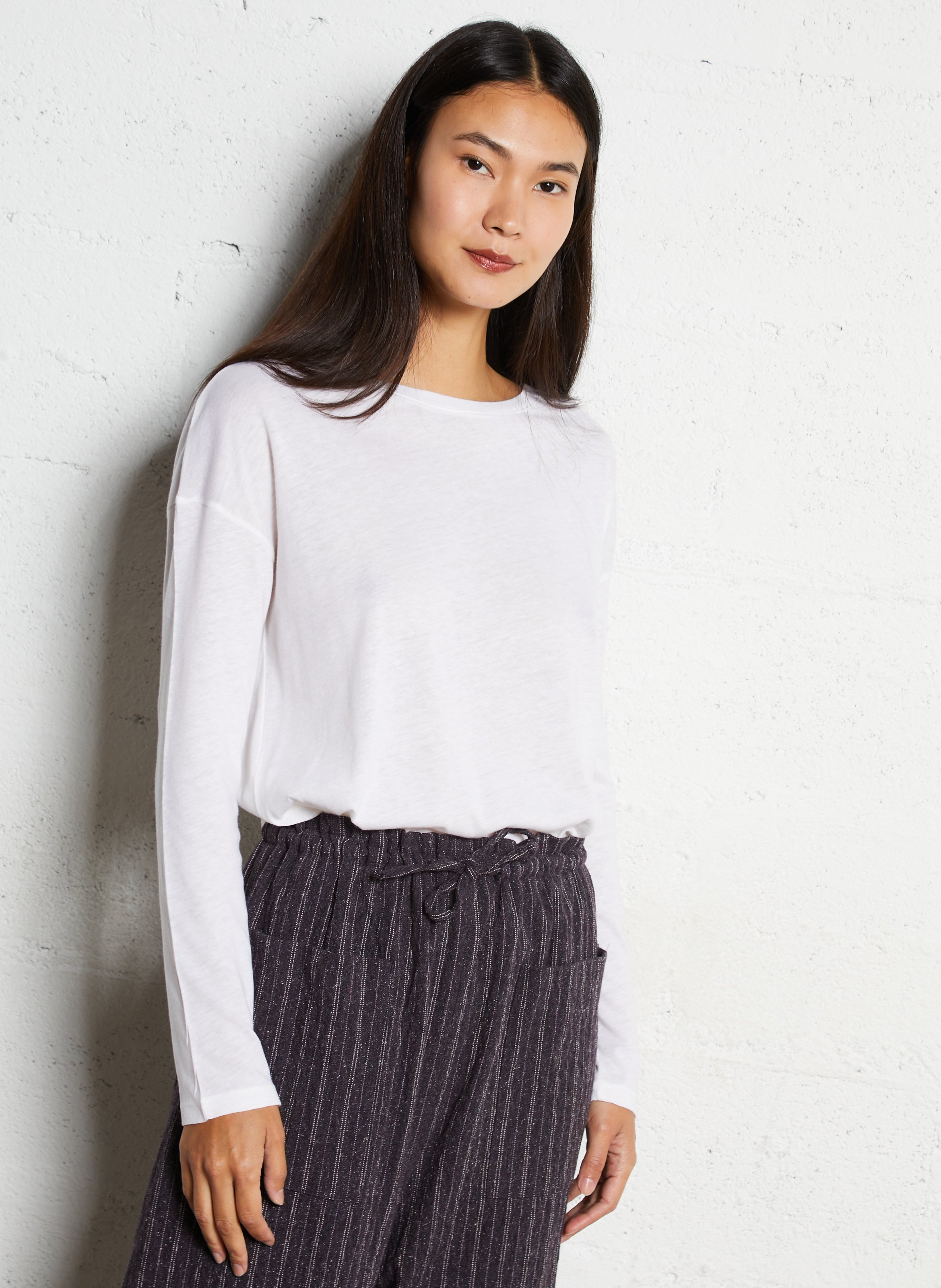 Tee-shirt ample col bateau en coton et cachemire MAJESTIC FILATURES Blanc