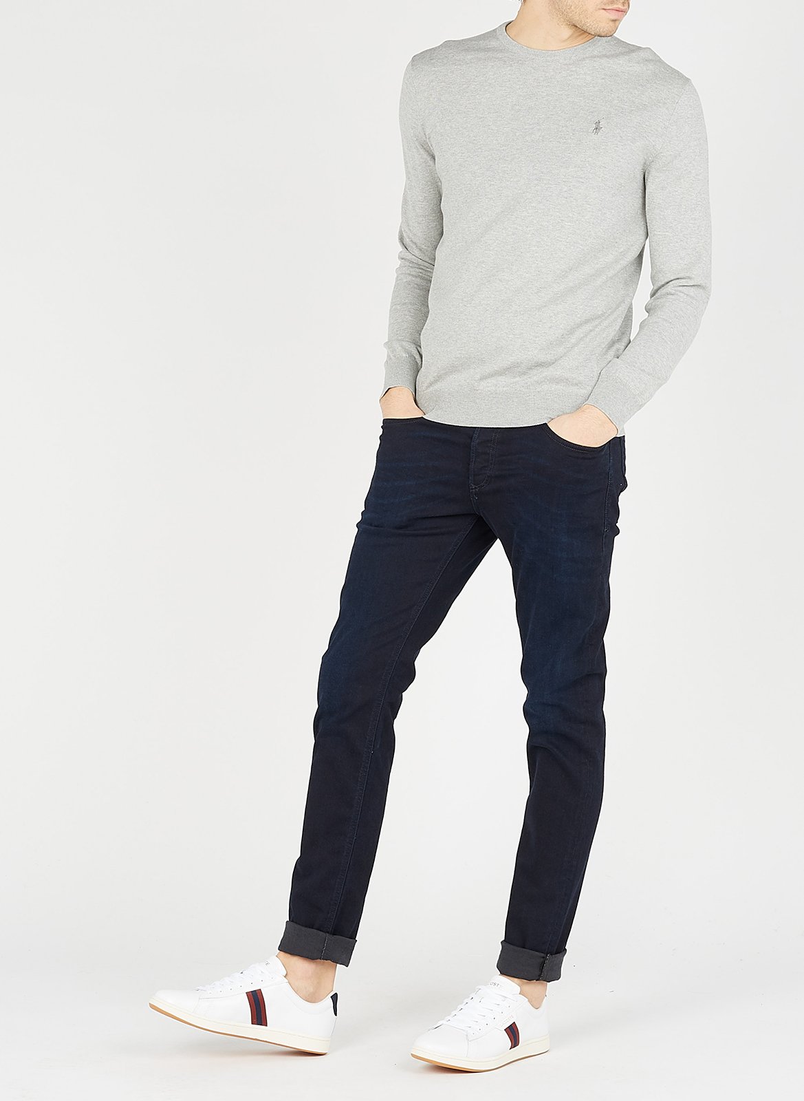 Pull col rond ajusté en Coton Pima avec Pony Player POLO RALPH LAUREN Gris