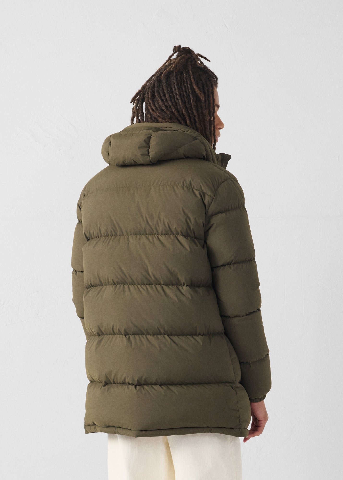 Mid-length stretch cold weather puffer coat by Scott. JOTT Green