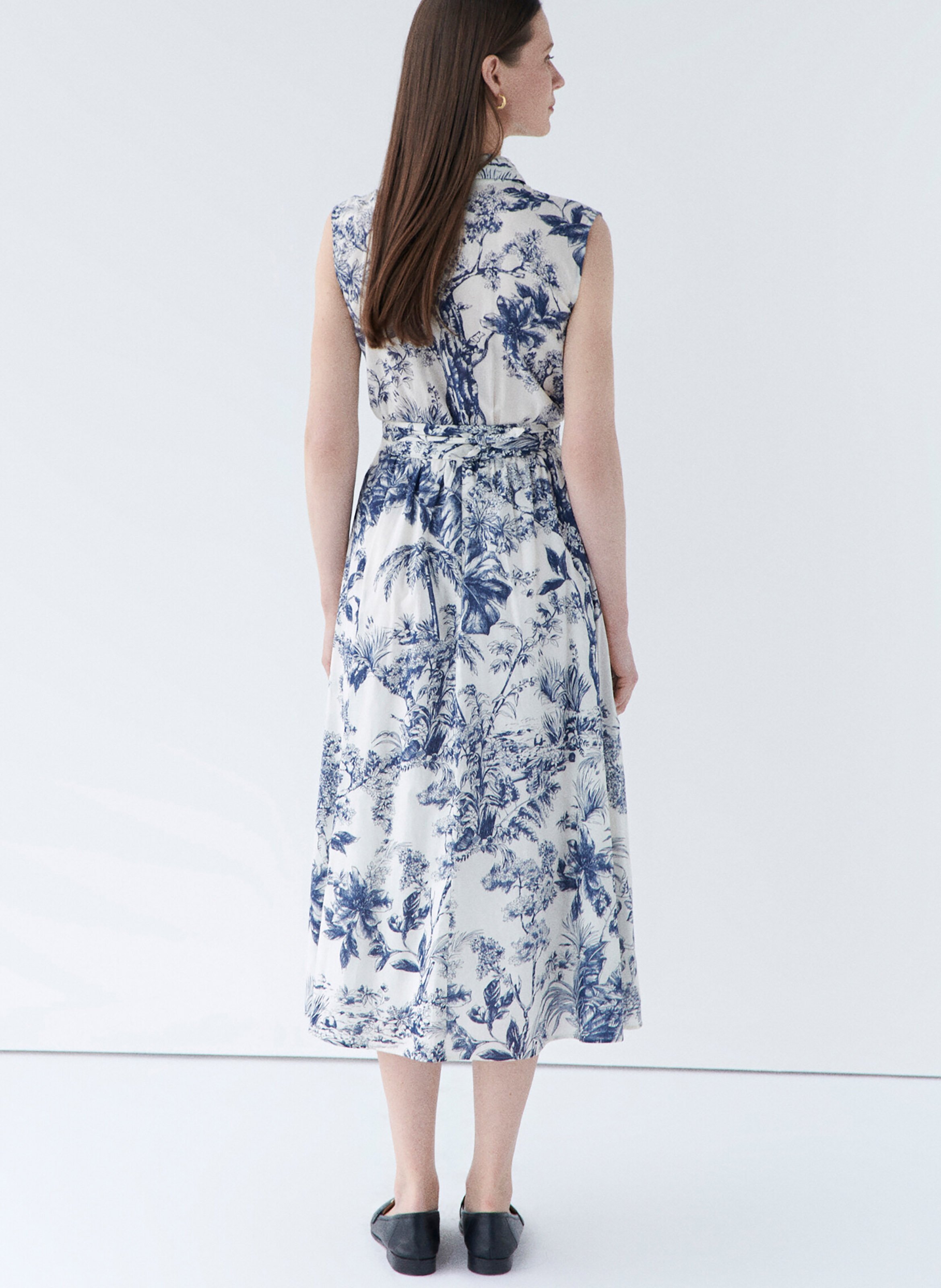 Belted fluid midi dress with patterns CAROLL Blue