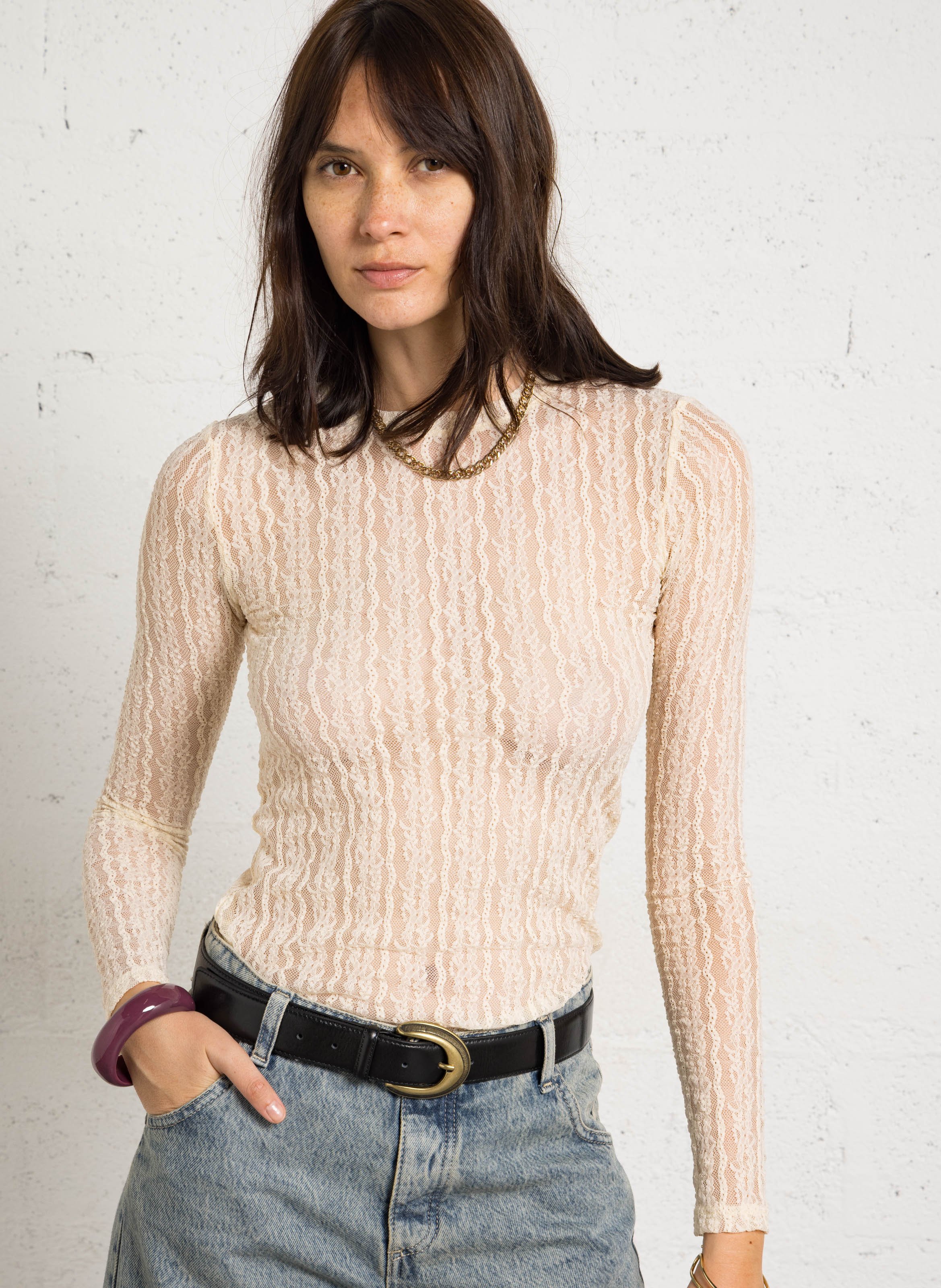 Straight round-neck lace top DES PETITS HAUTS Beige