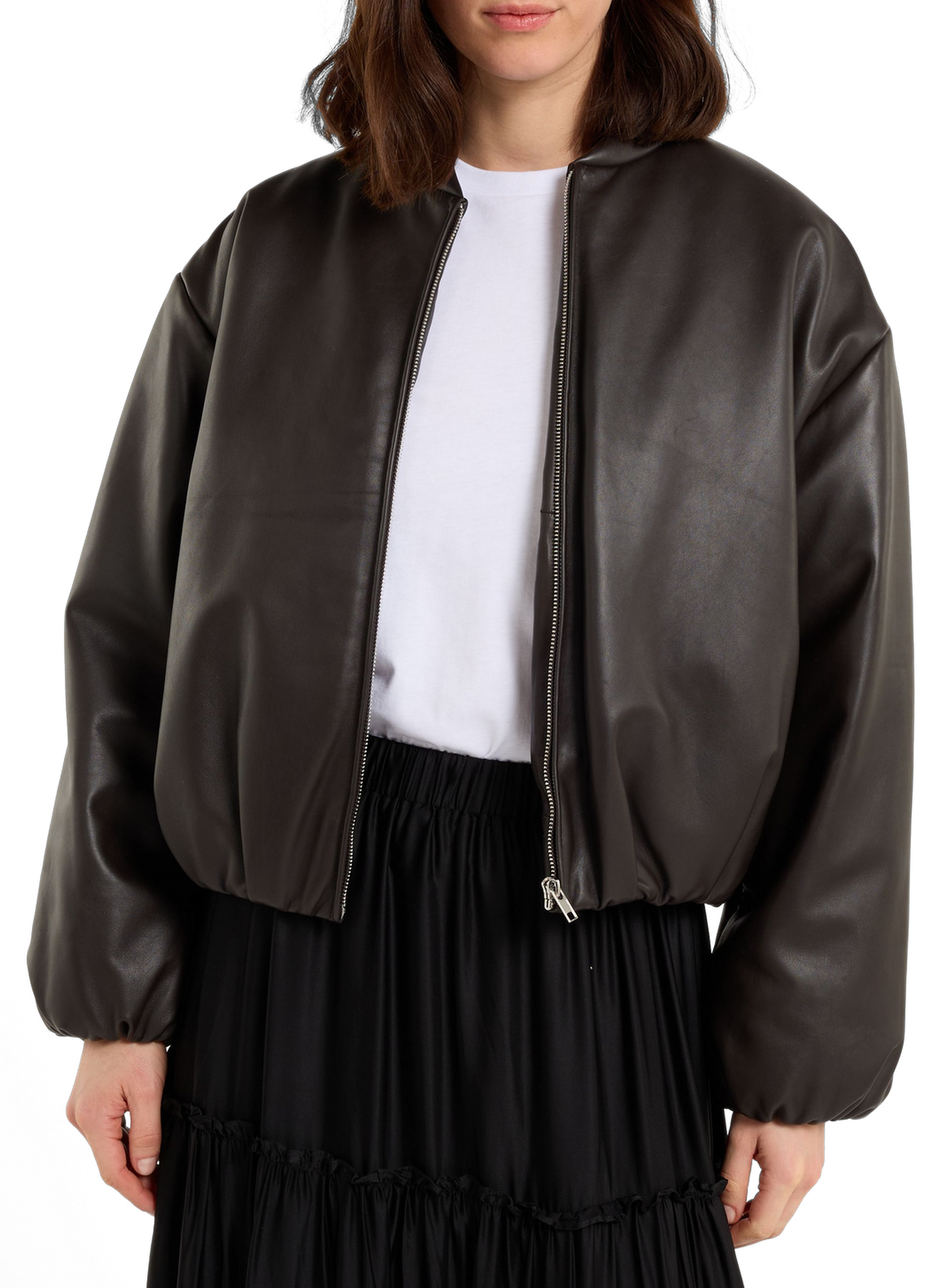 Short leather bomber jacket with a hood and a puffy effect SAISON 1865 Brown