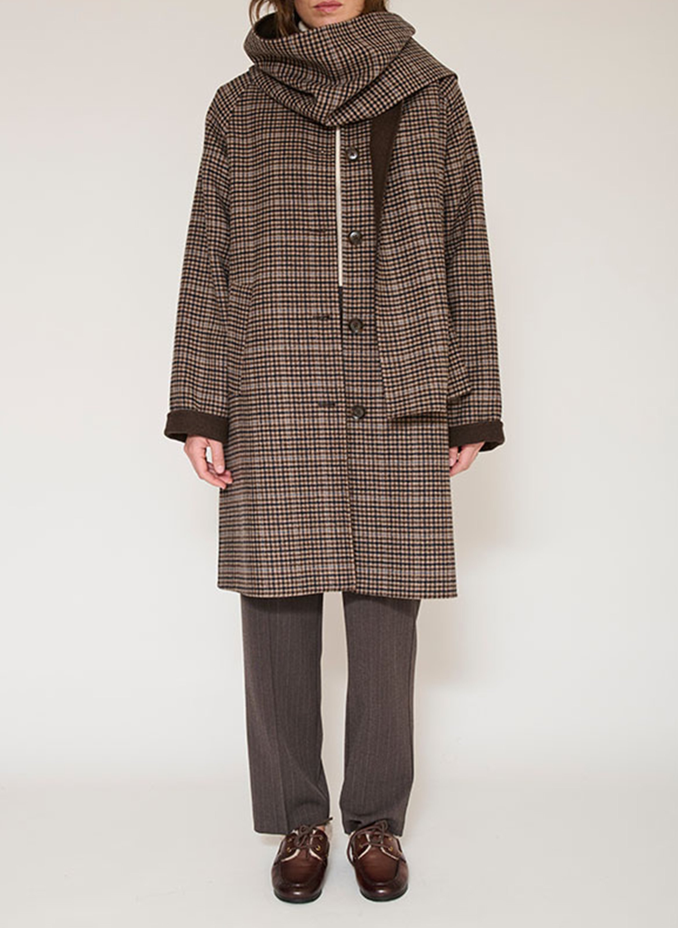 Manteau ample col classique motif prince-de-galles en laine mélangée MKT Marron