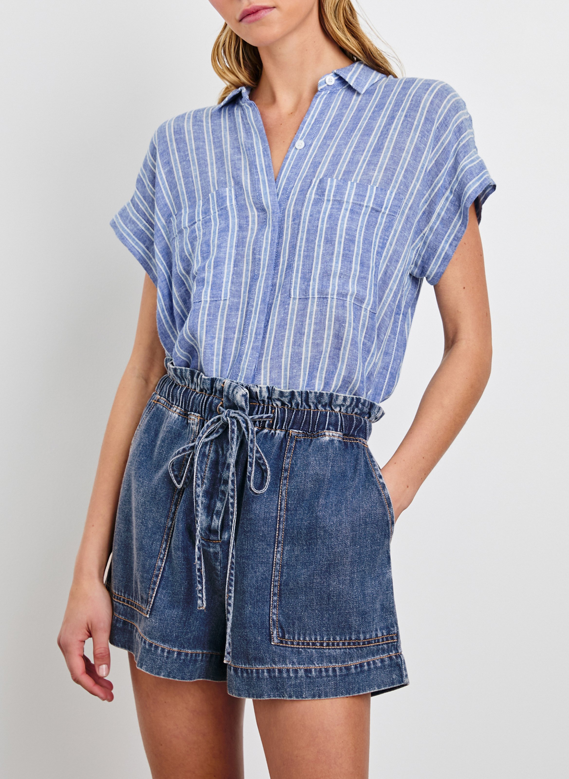 Blouse met klassieke kraag - linnenblend Blauw