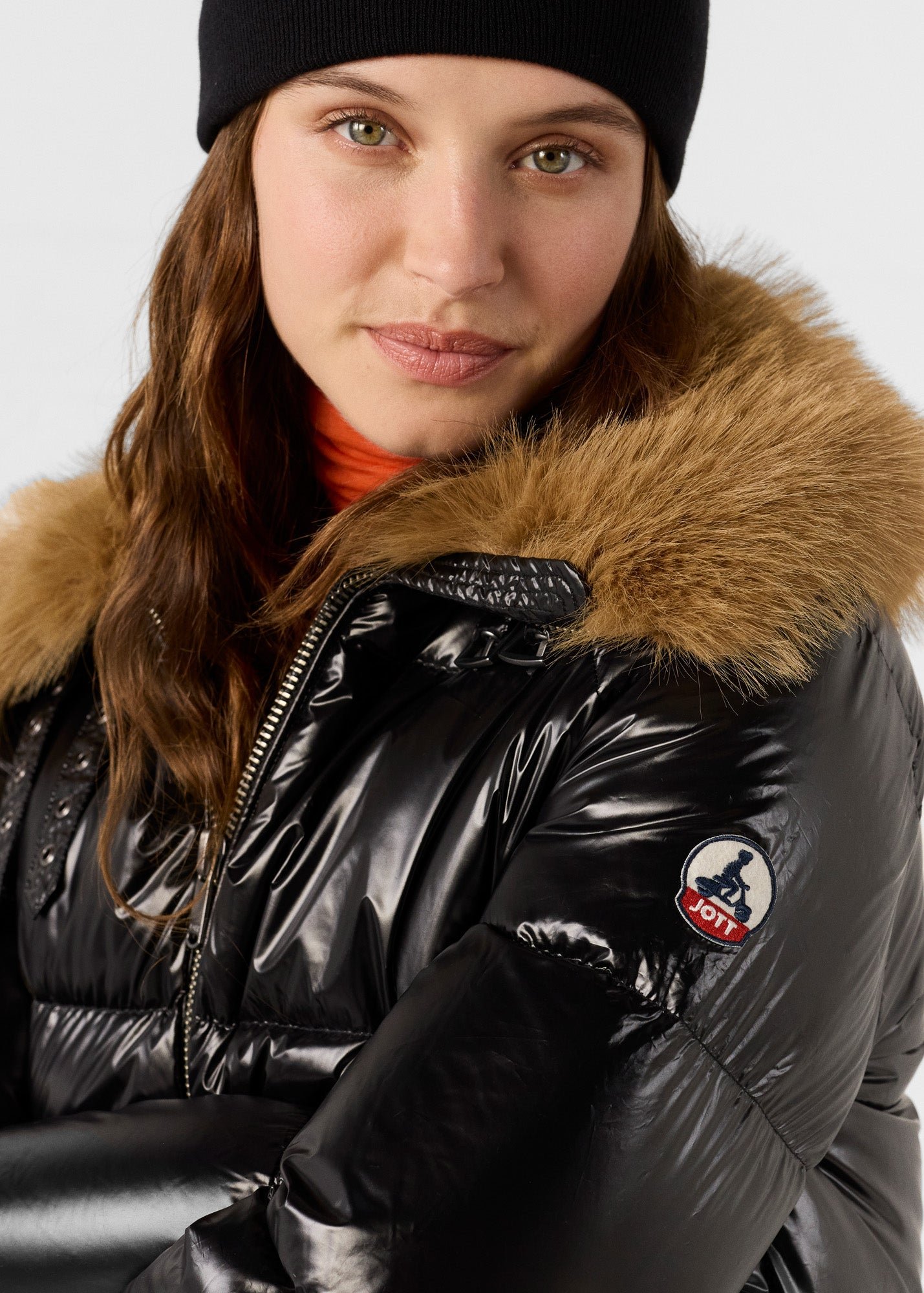 Shiny Nevada faux fur hooded puffer jacket for extreme cold. JOTT Black