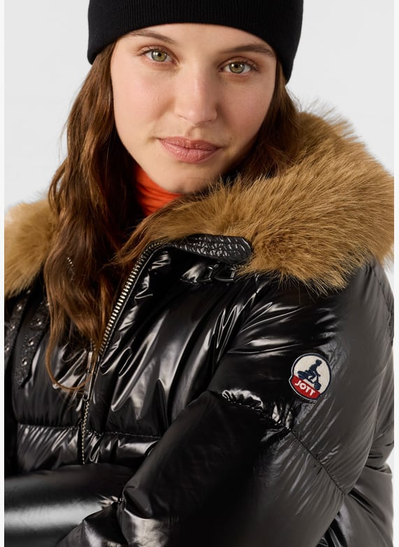Faux Fur Hood Shiny Puffer Black Jacket S13-Shiny Black Puffer