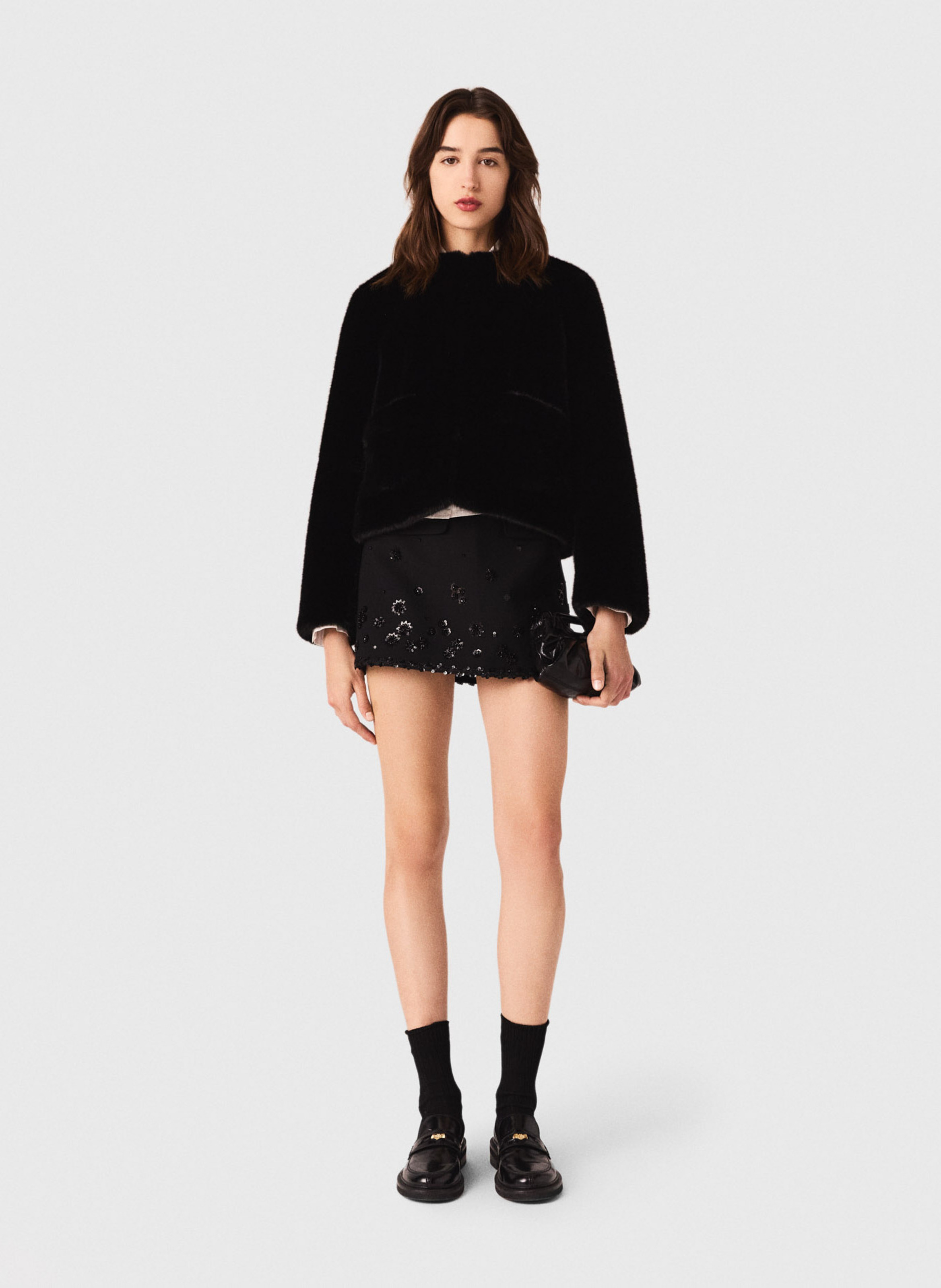 Round neck faux fur jacket MAJE Black