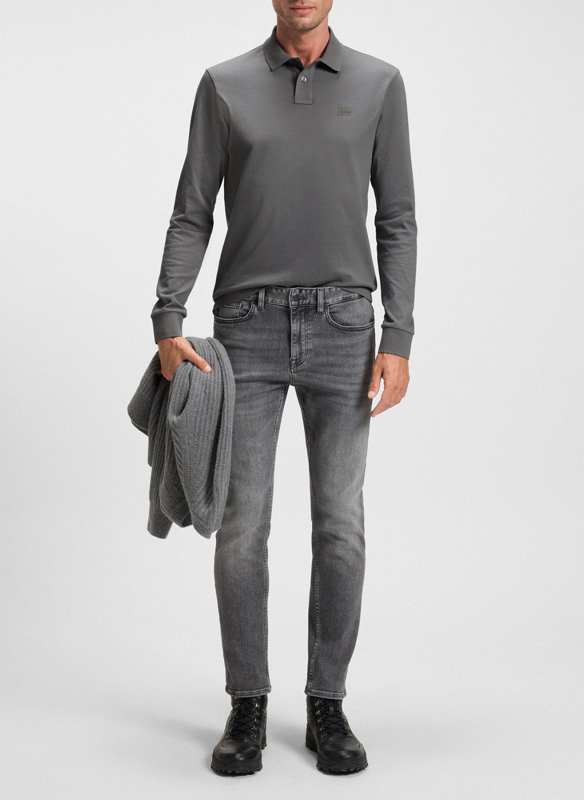 Regular-fit long-sleeved cotton-blend polo shirt BOSS Silver