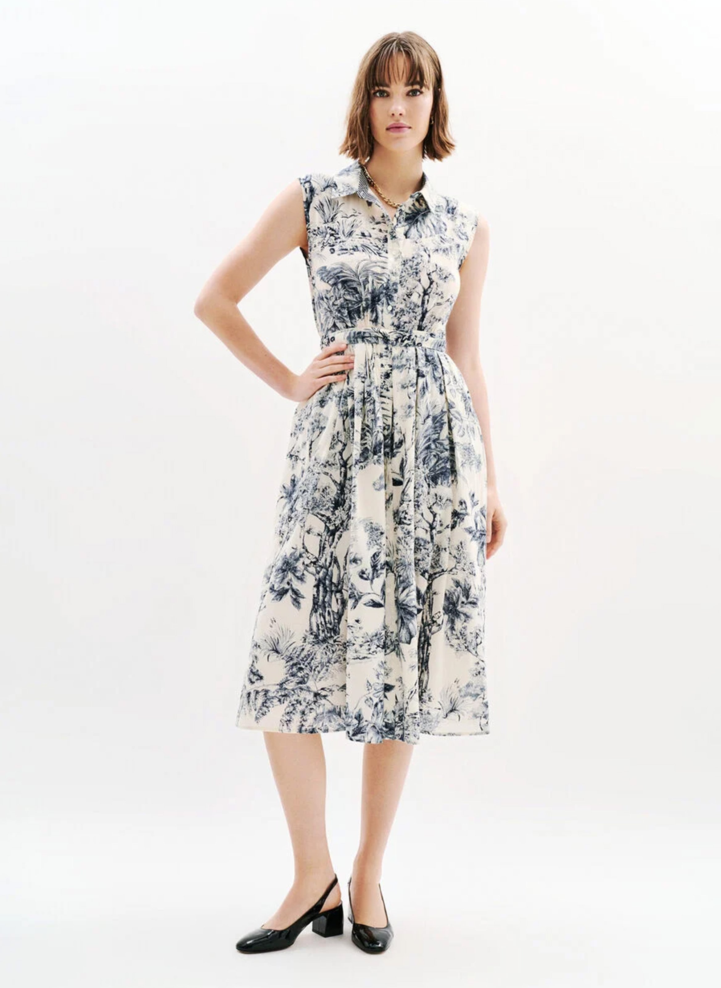 Belted fluid midi dress with patterns CAROLL Blue