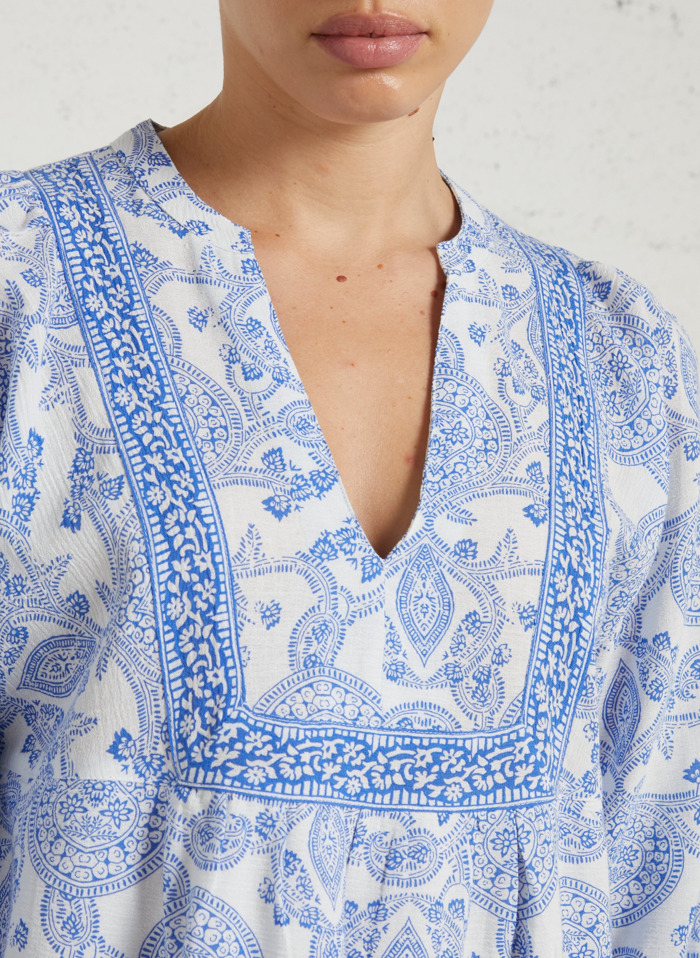 Midi dress with Tunisian collar in printed cotton and linen blend MAISON 123 Blue