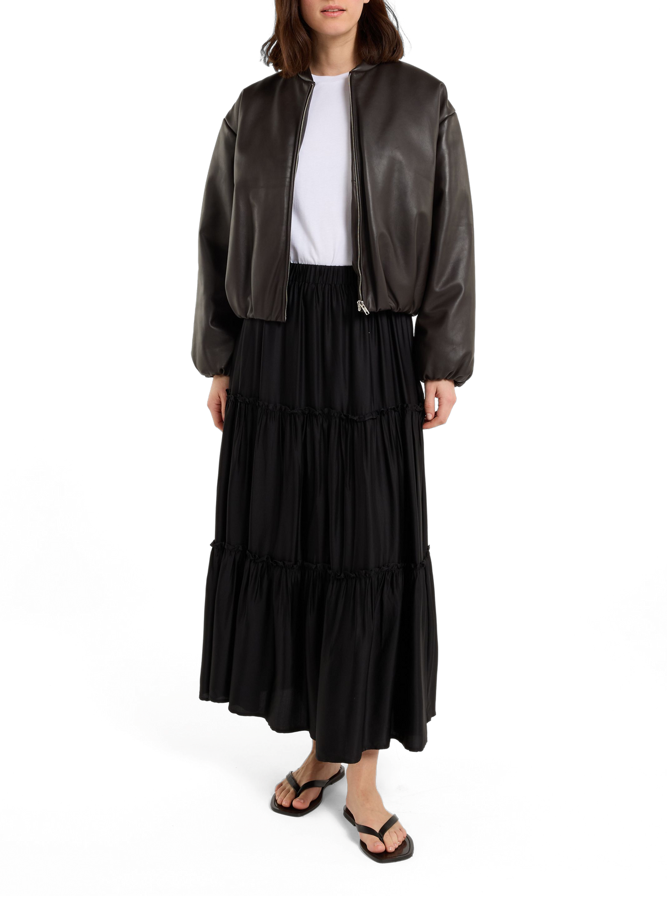 Short leather bomber jacket with a hood and a puffy effect SAISON 1865 Brown