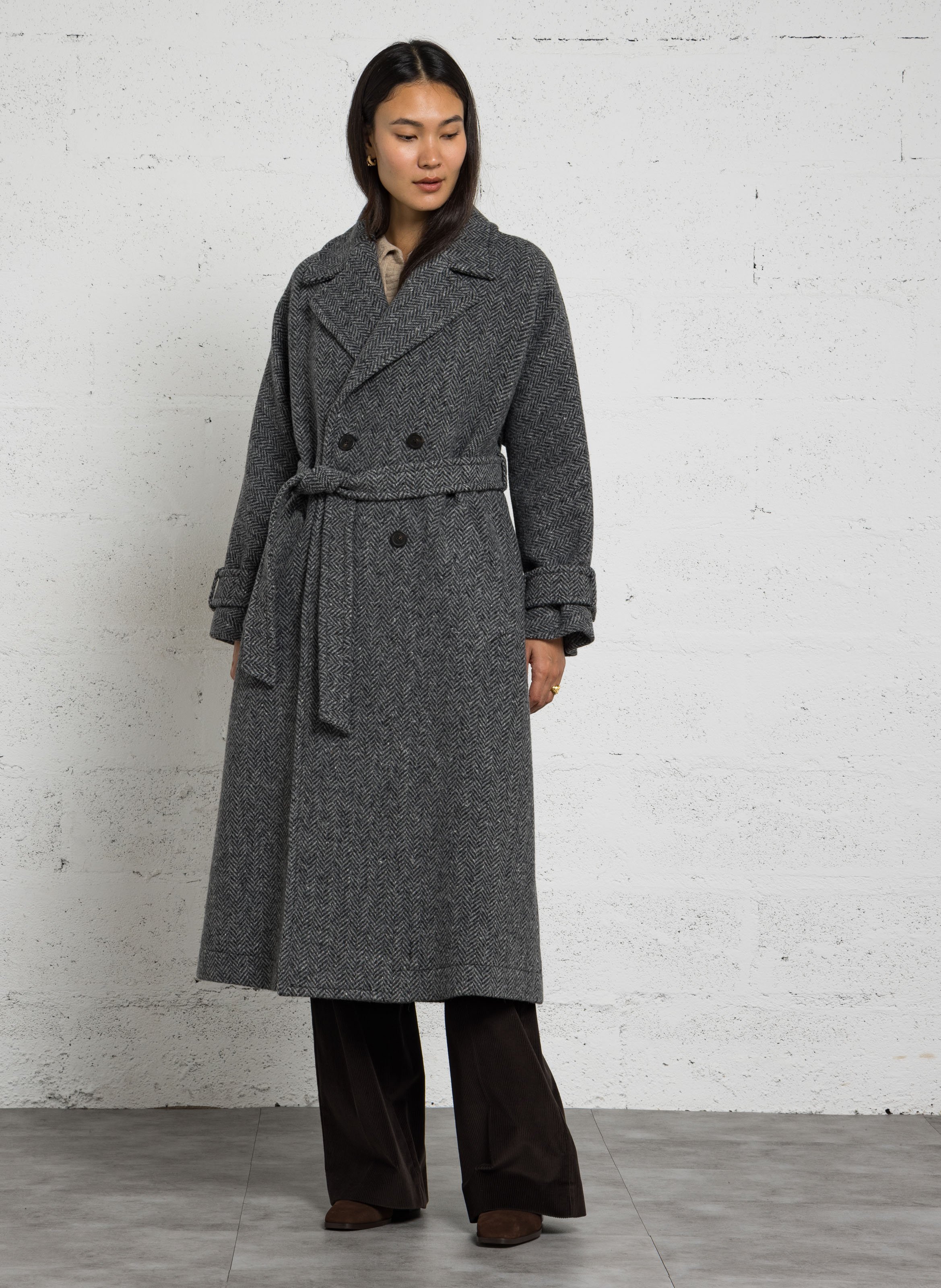 Manteau ceinturé et long en laine mélangée MAX MARA WEEK END Noir