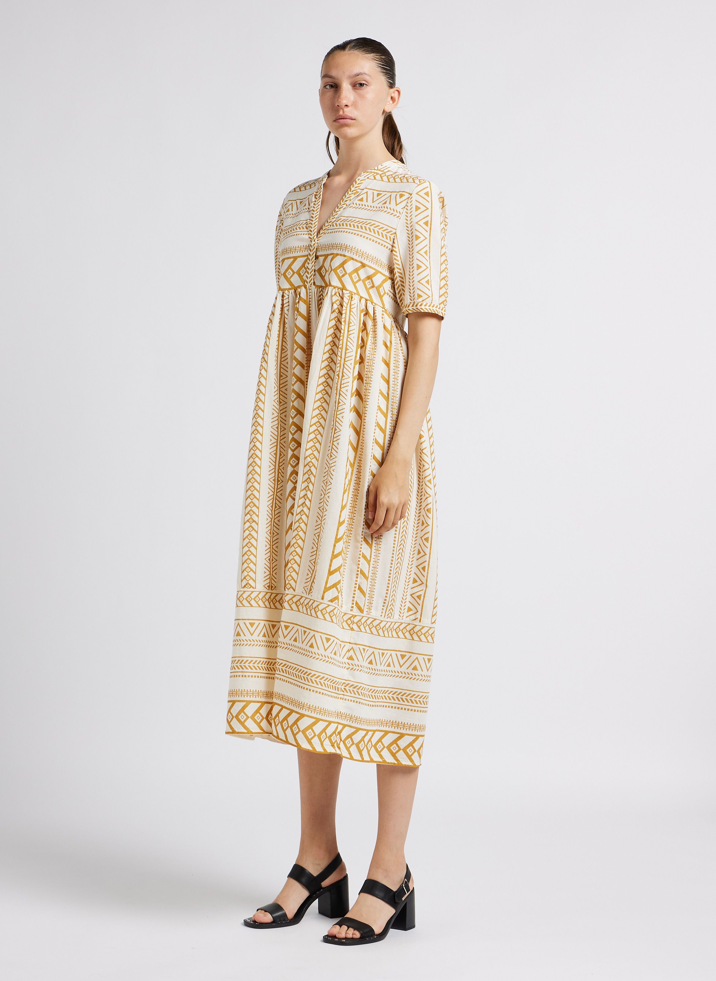 Golden Long printed cotton V neck dress