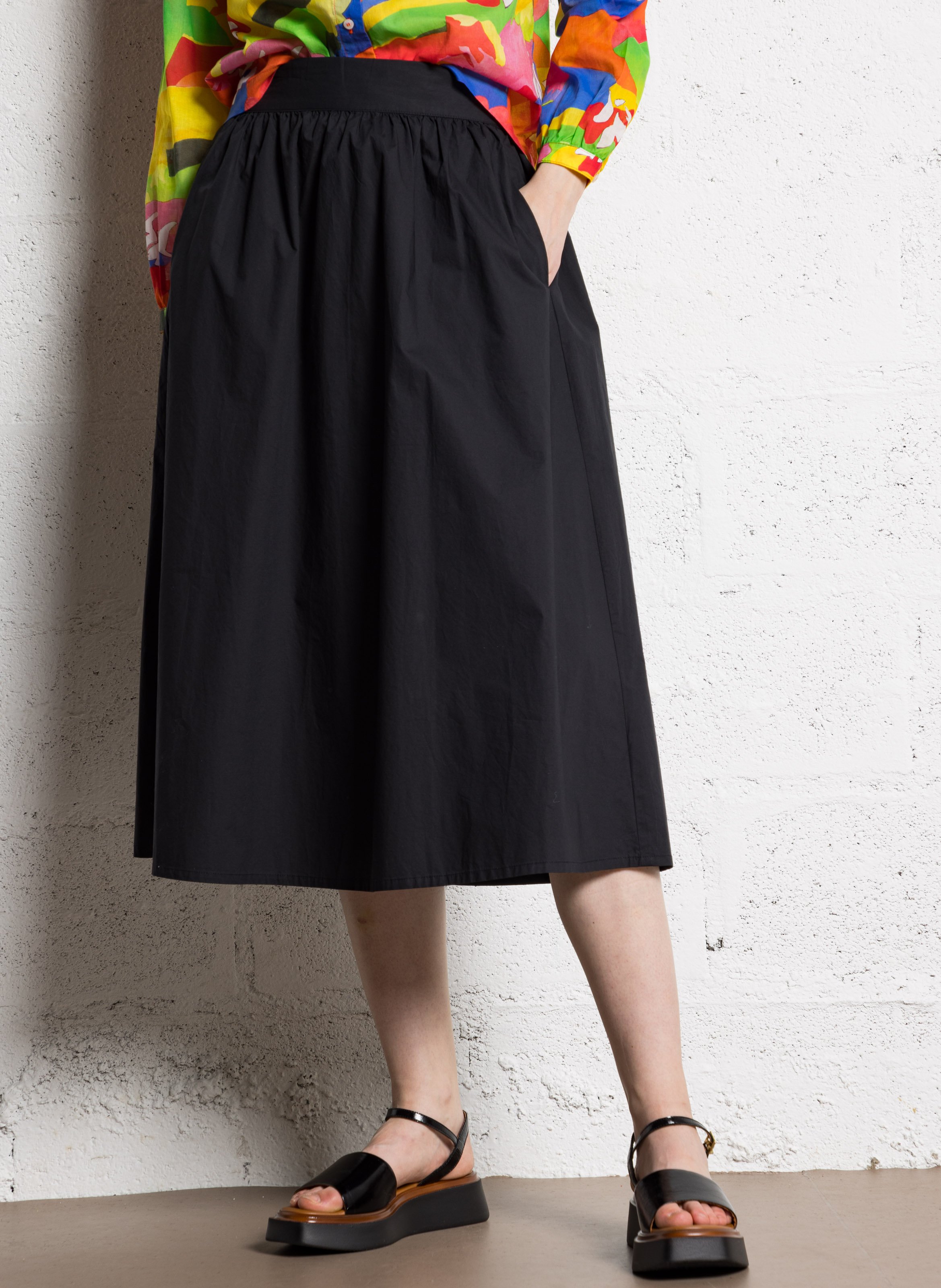 Jupe midi évasée taille haute en popeline de coton BELLA JONES Noir