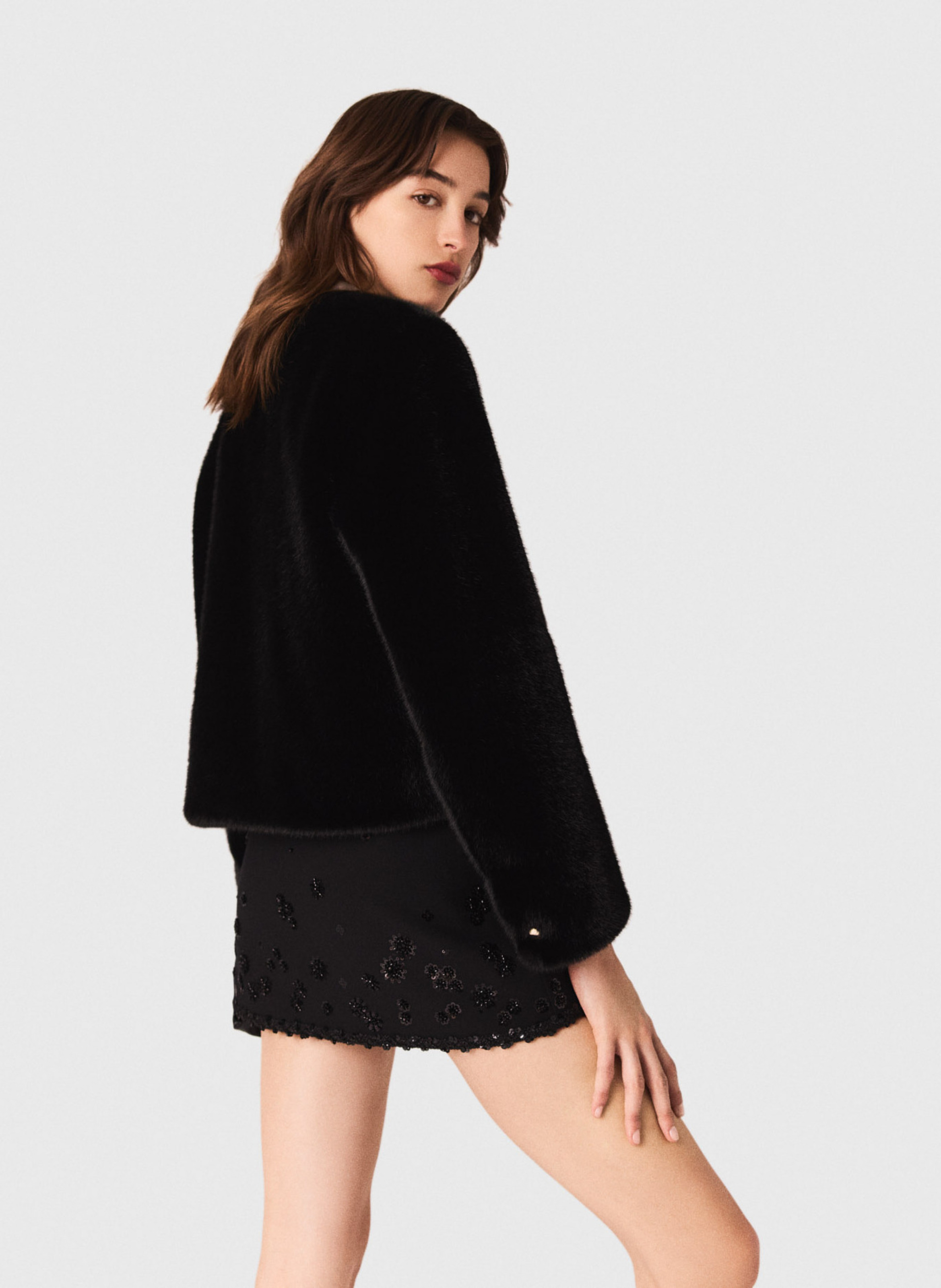 Round neck faux fur jacket MAJE Black