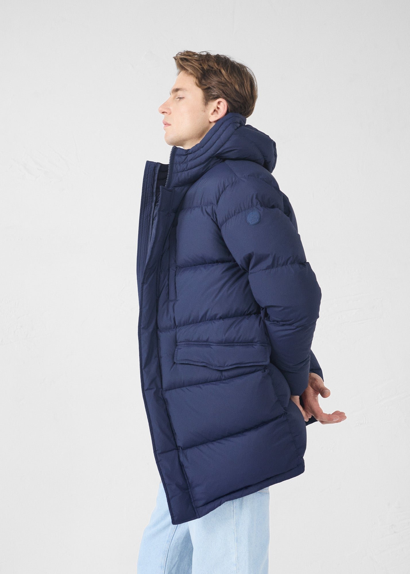 Mid-length stretch cold weather puffer coat by Scott. JOTT Blue