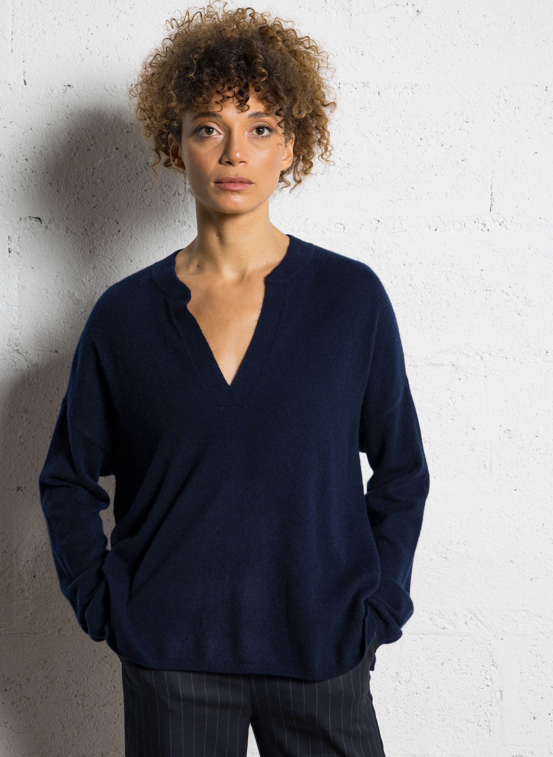 Pull col V en cachemire  SUD EXPRESS Bleu