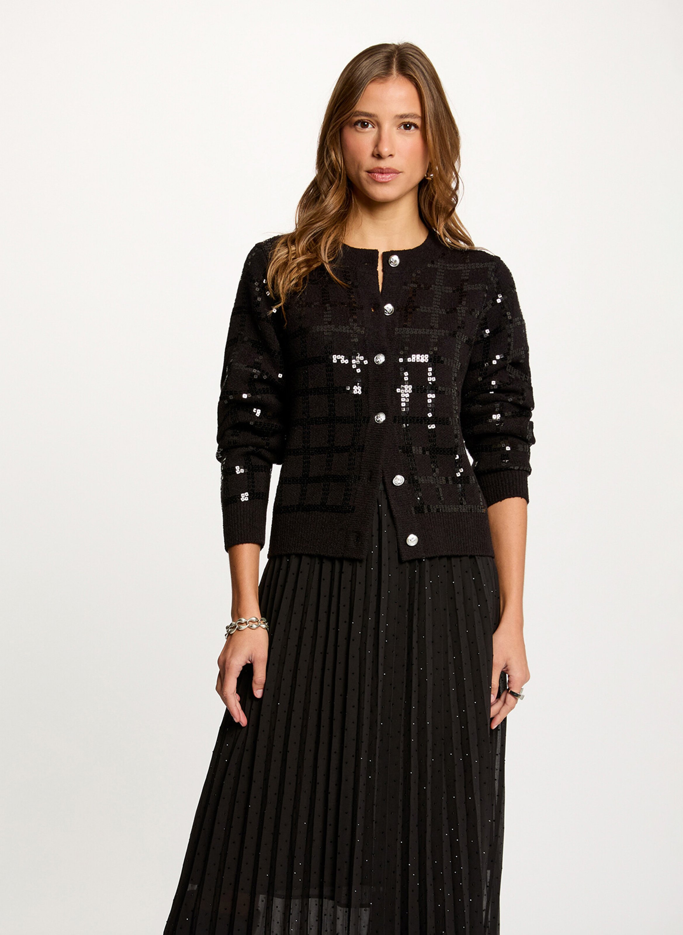 Taillierter Rundhals-Cardigan mit Pailletten MORGAN Schwarz