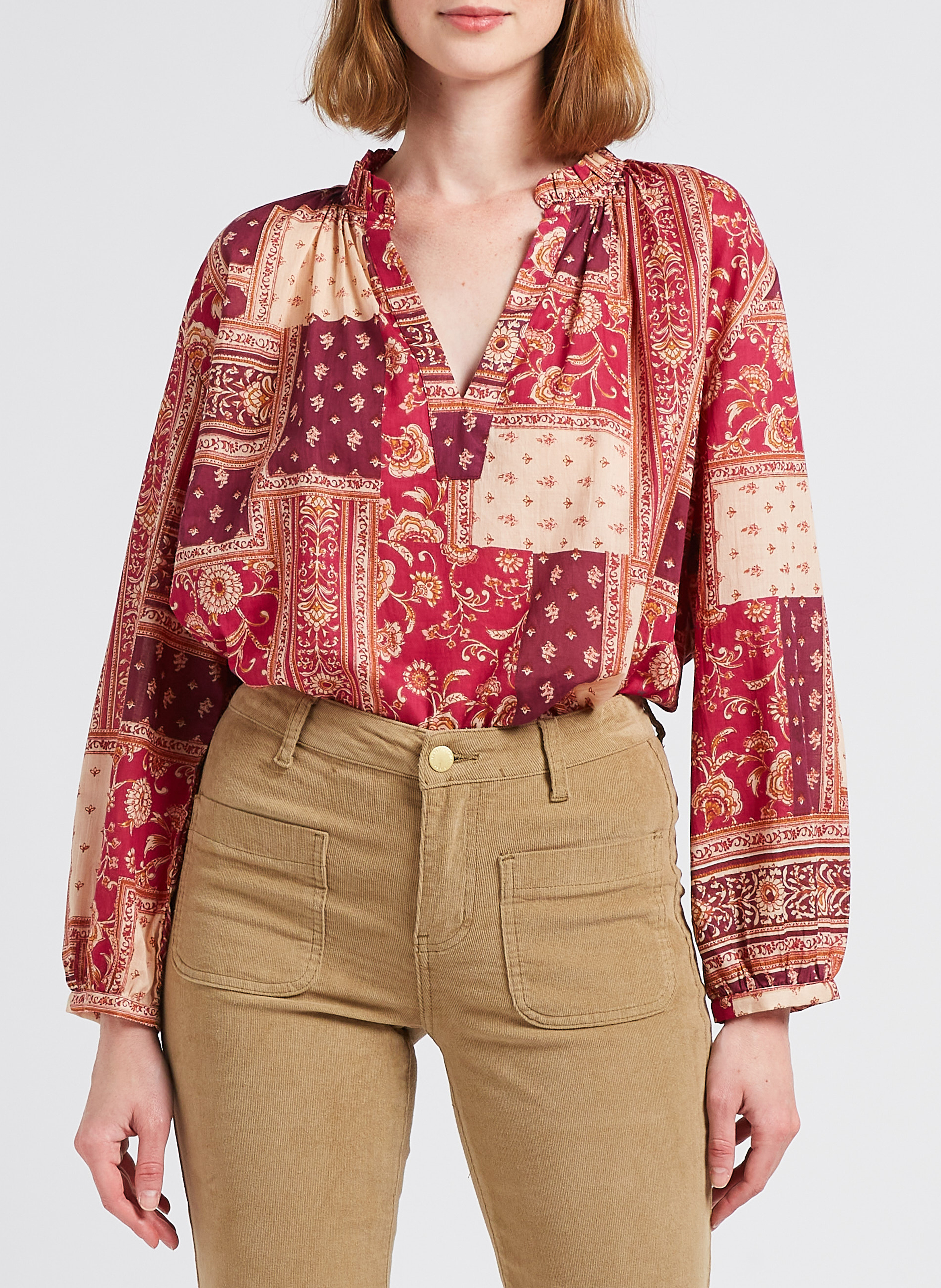 Soepelvallende, katoenen blouse met hanleykraag en print LA PETITE ETOILE Blauw