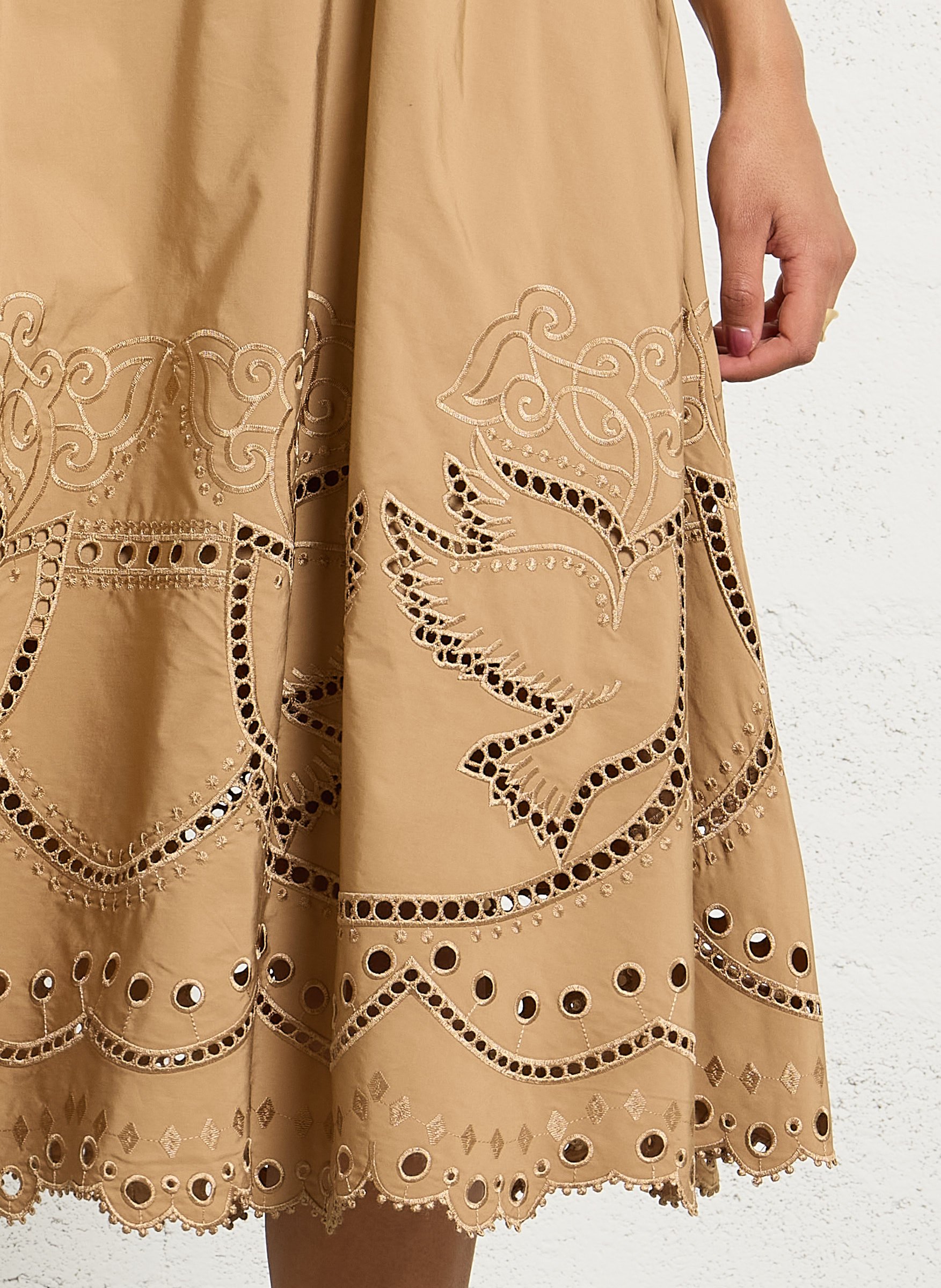 Jupe midi à broderies ajourées BERENICE Marron