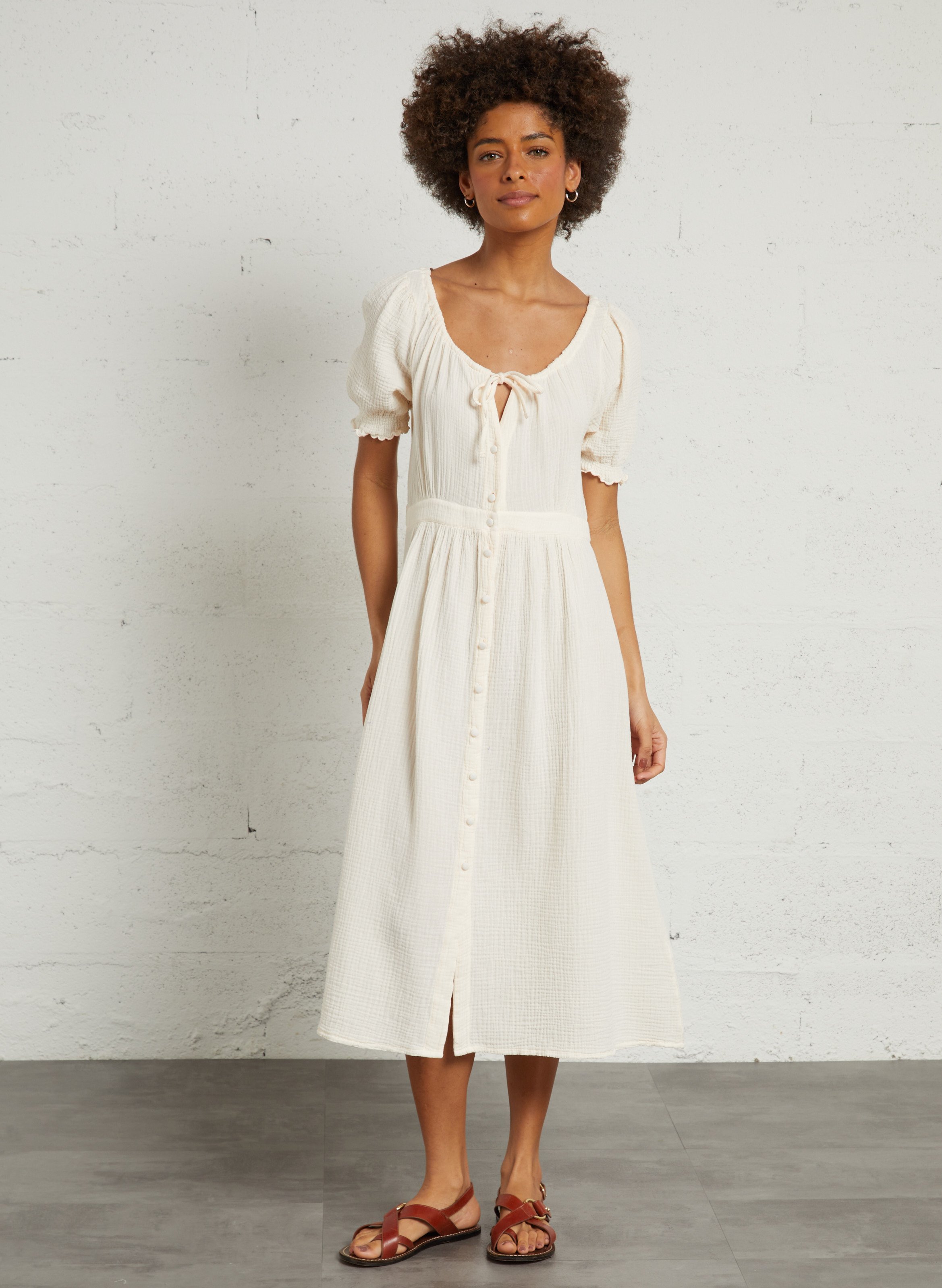 Long round-neck cotton gauze dress EMILE ET IDA Beige