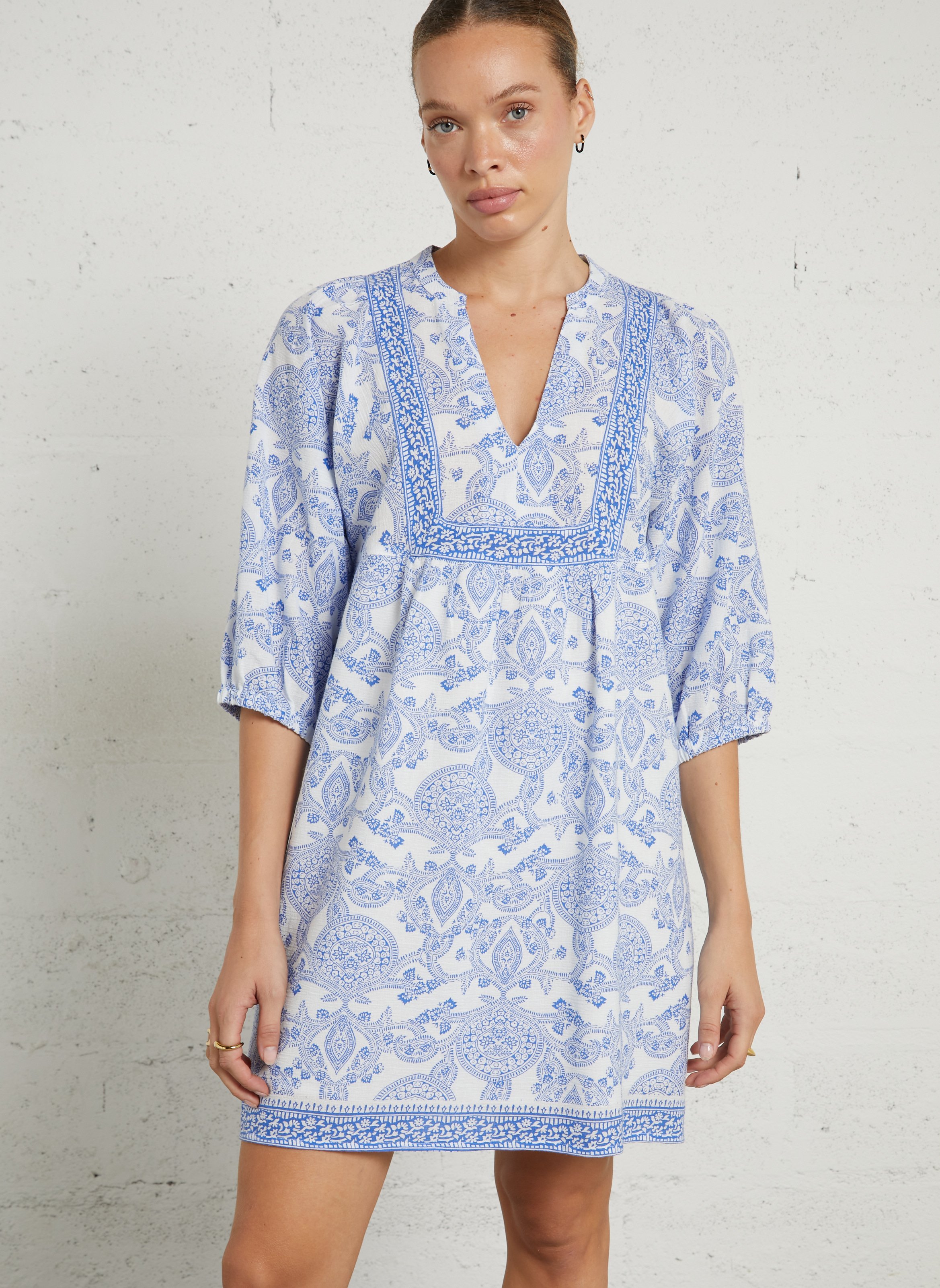Midi dress with Tunisian collar in printed cotton and linen blend MAISON 123 Blue