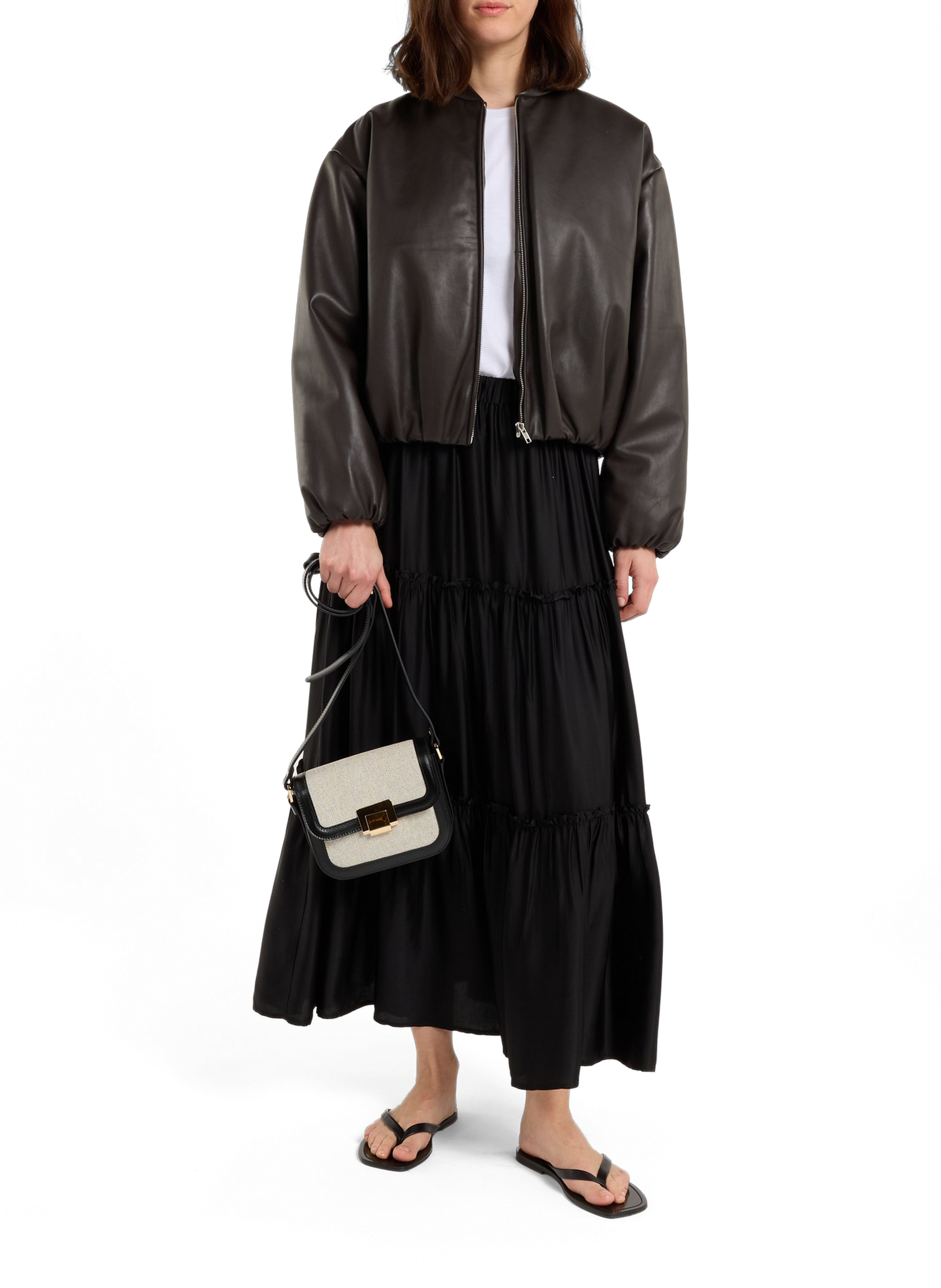 Short leather bomber jacket with a hood and a puffy effect SAISON 1865 Brown