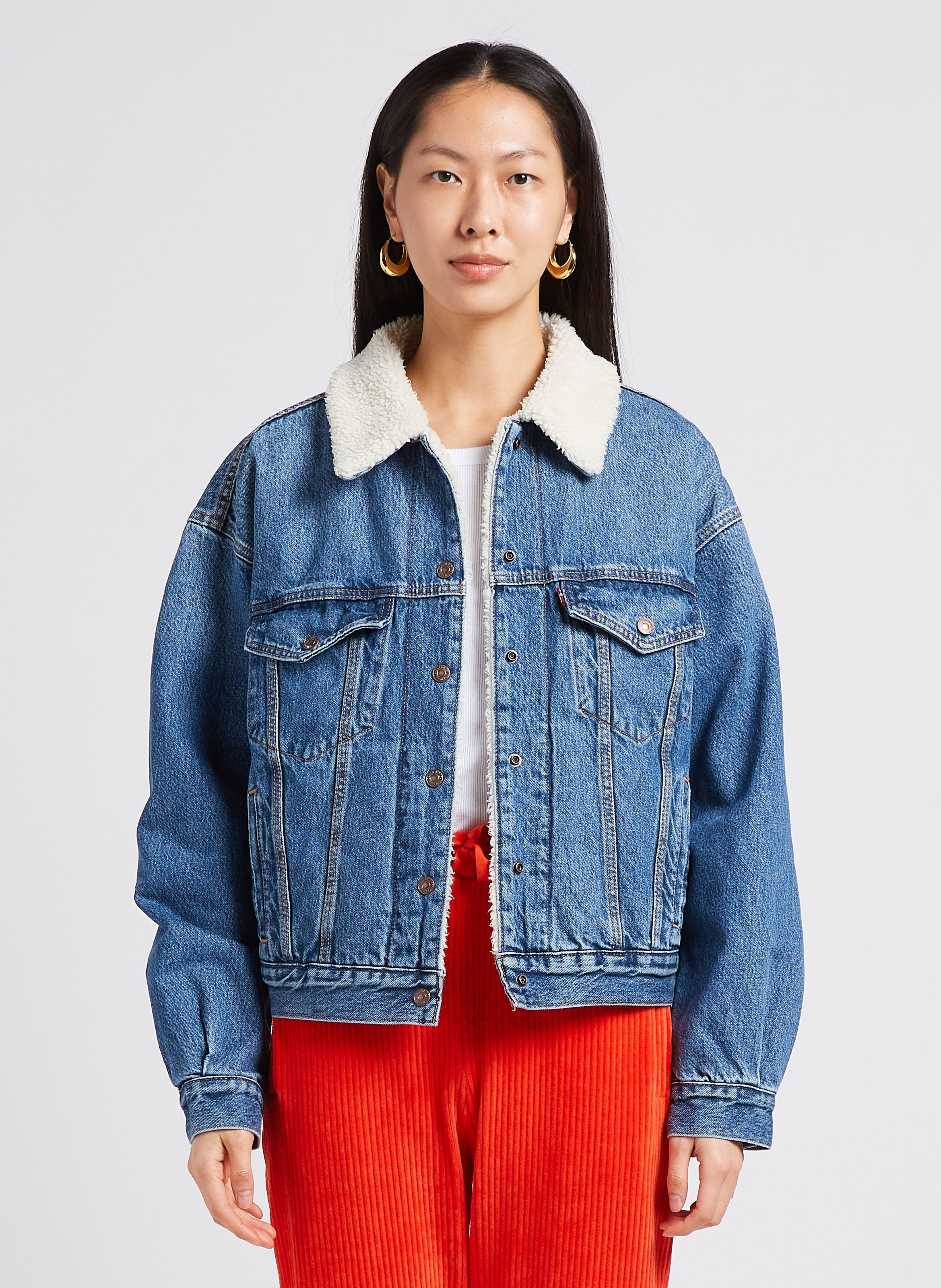 Faded jeans Fleecy cotton jacket with classic collar