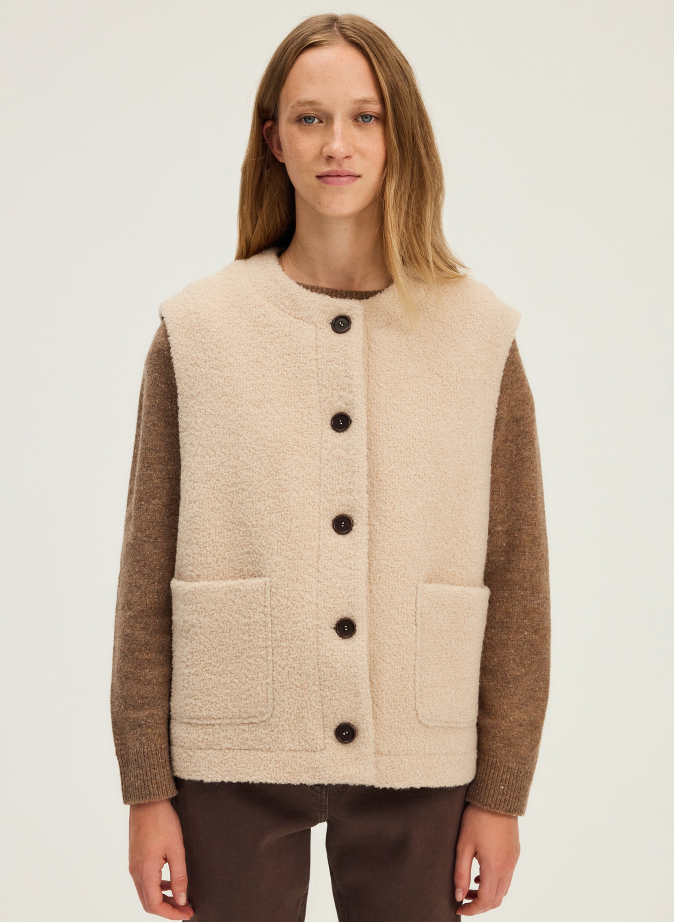 Round-neck mixed-knit cardigan PABLO Beige