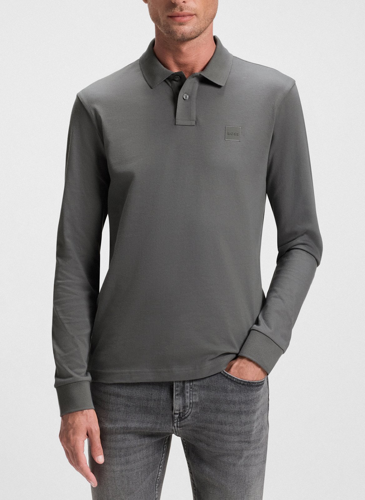 Regular-fit long-sleeved cotton-blend polo shirt BOSS Silver