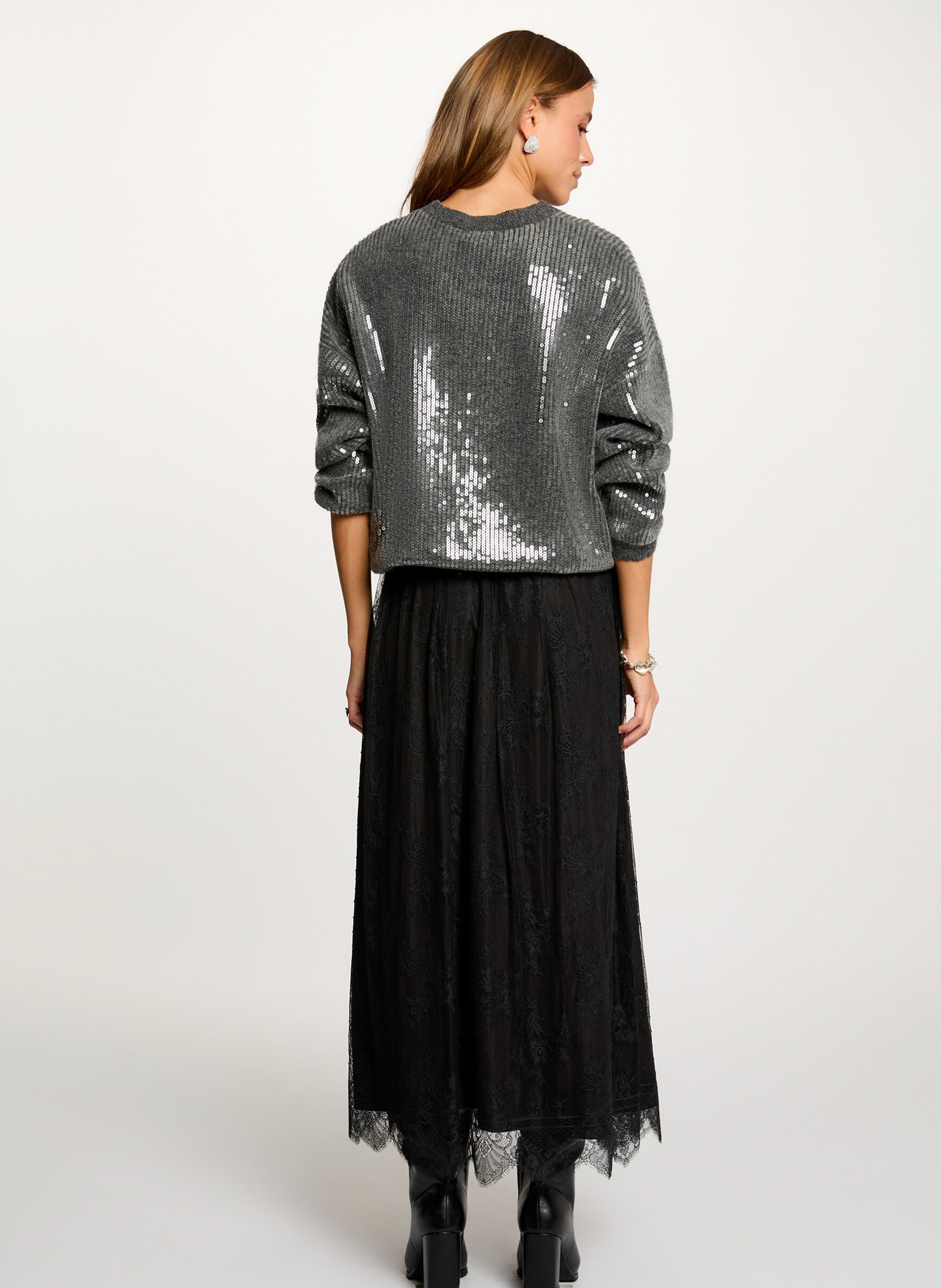 Oversized round neck sweater with sequins MORGAN Grey