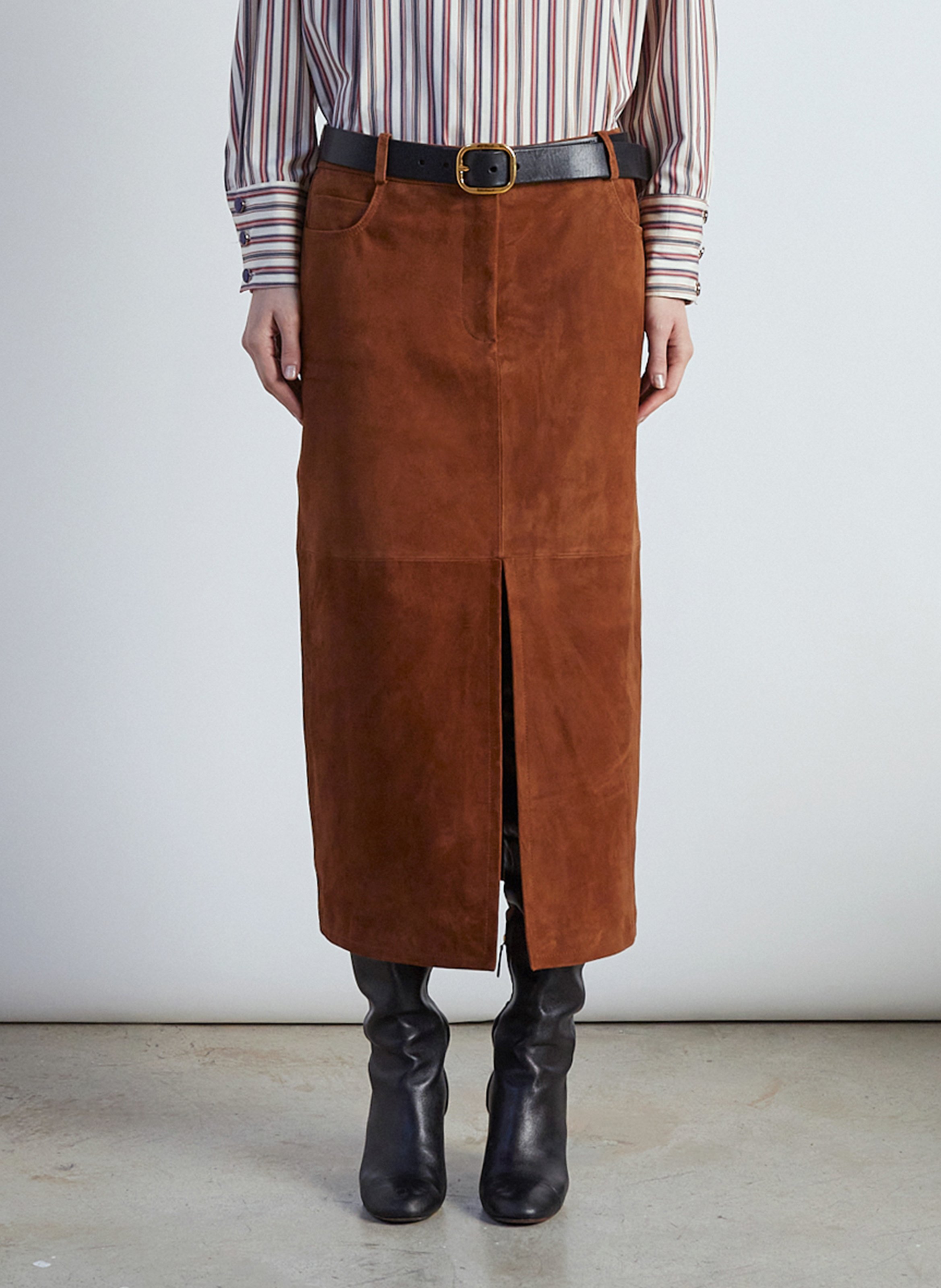 Jupe midi droite en cuir suédé  THE LABEL EDITION Marron