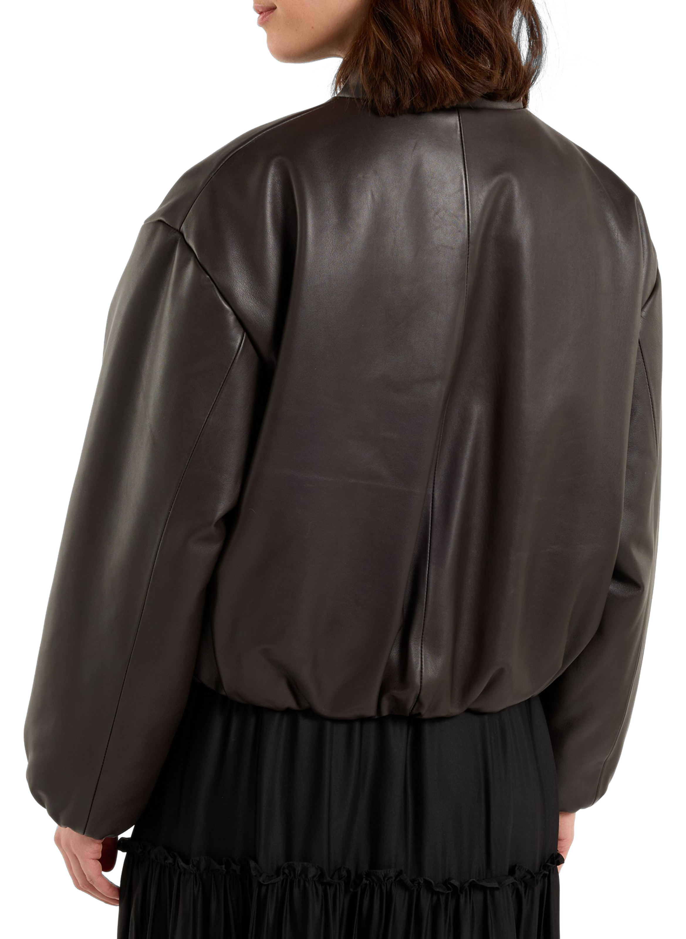 Short leather bomber jacket with a hood and a puffy effect SAISON 1865 Brown