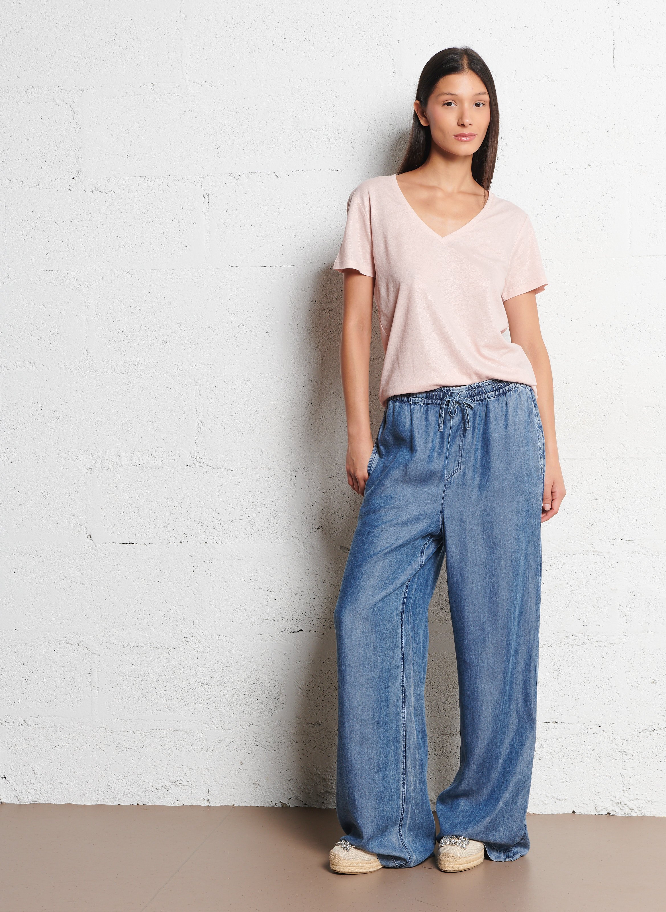 Glitzerndes V-Ausschnitt T-Shirt aus Leinenmischung IKKS Rosa