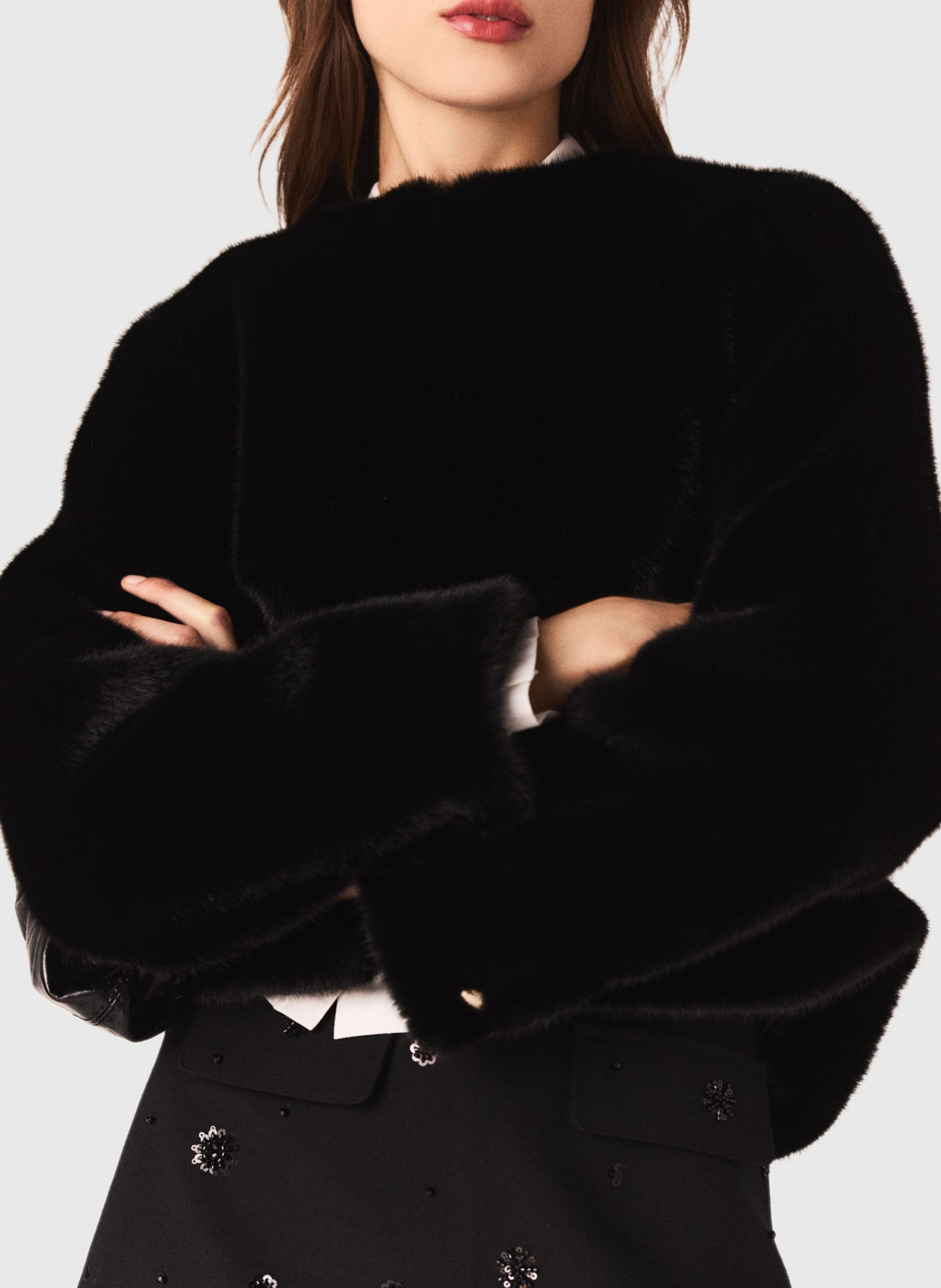 Round neck faux fur jacket MAJE Black