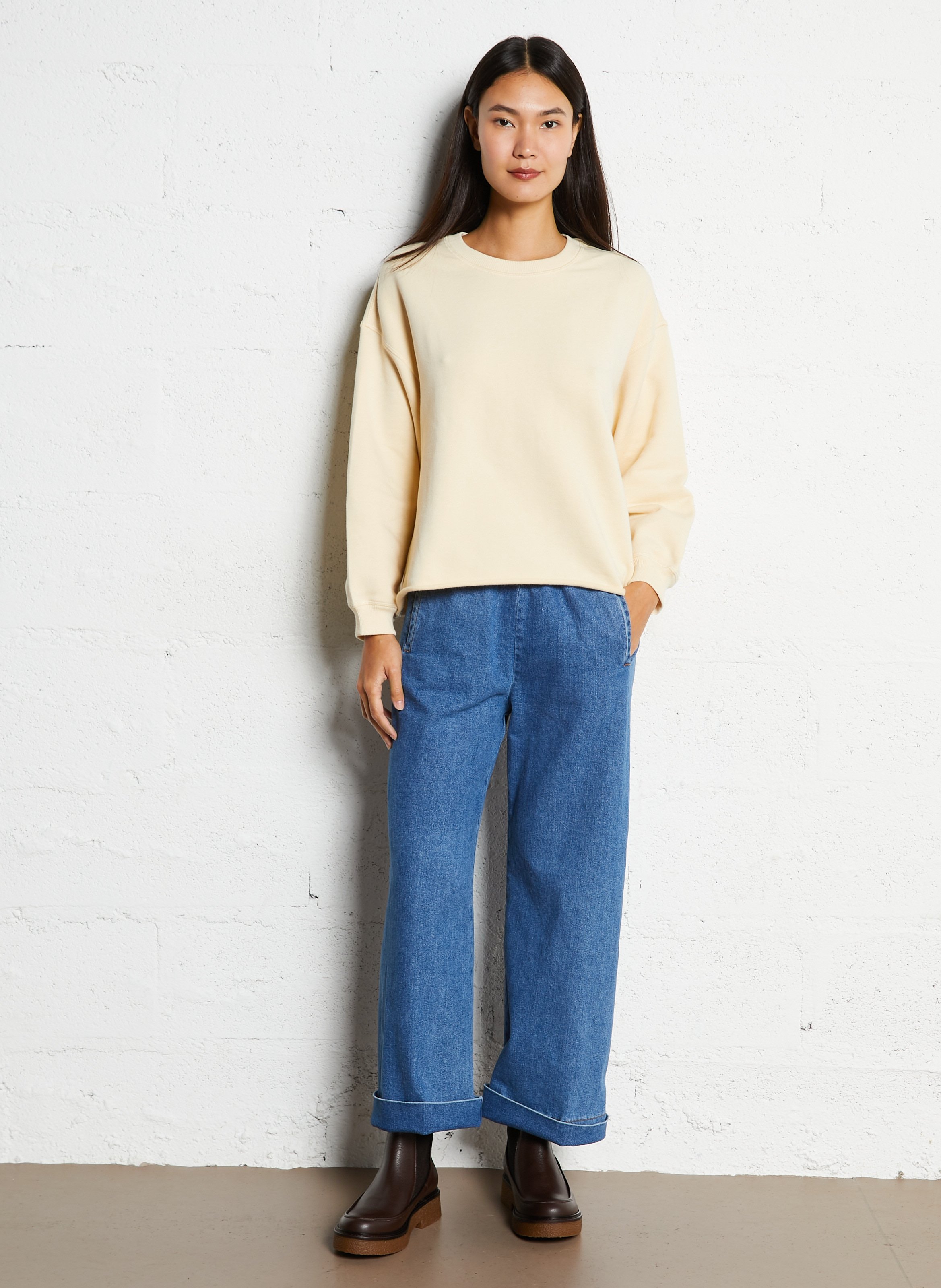 Jean large en denim de coton mélangé Bleu