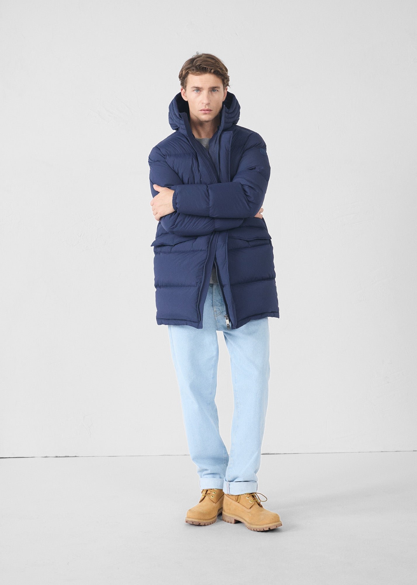 Mid-length stretch cold weather puffer coat by Scott. JOTT Blue