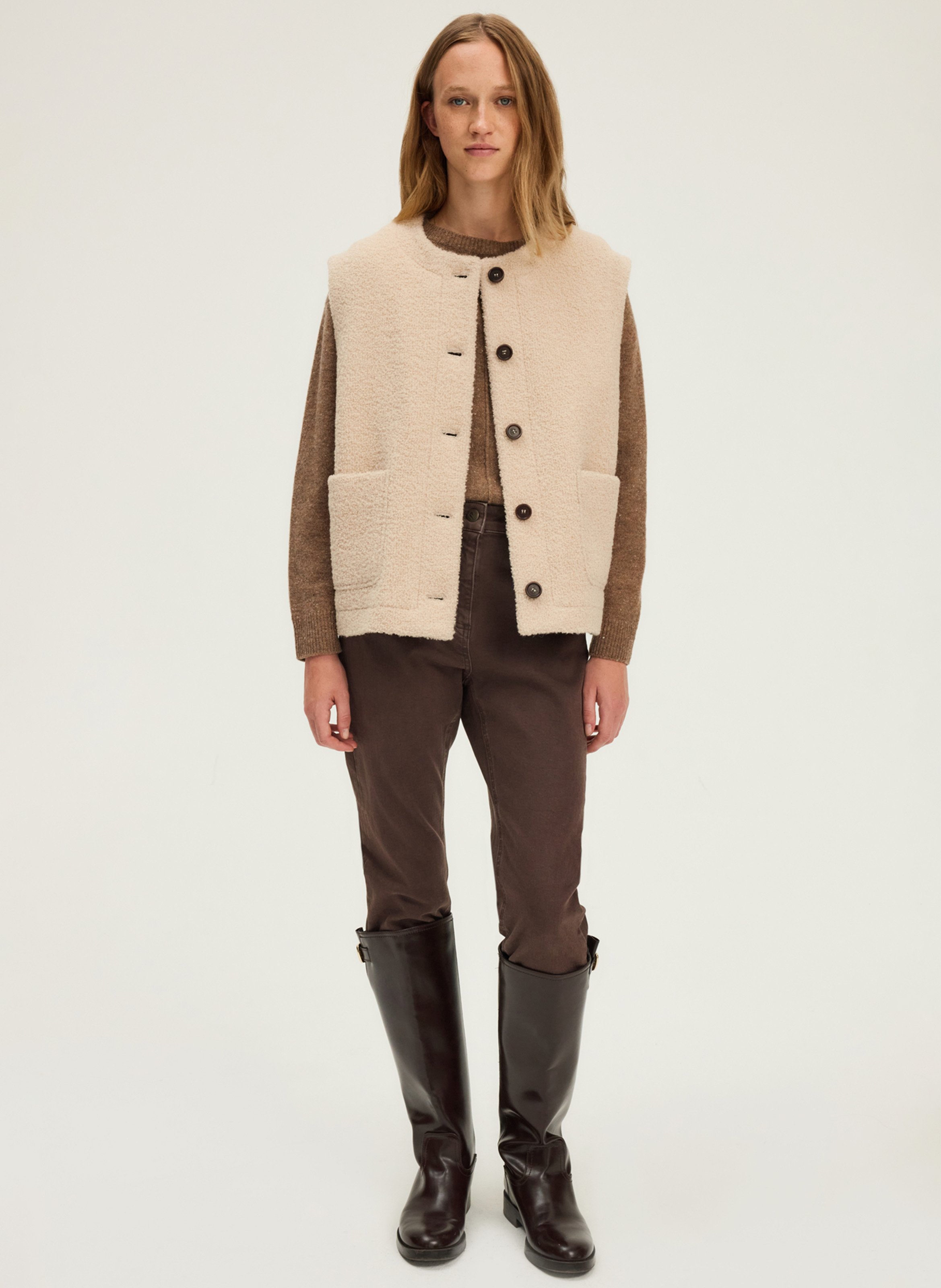 Round-neck mixed-knit cardigan PABLO Beige