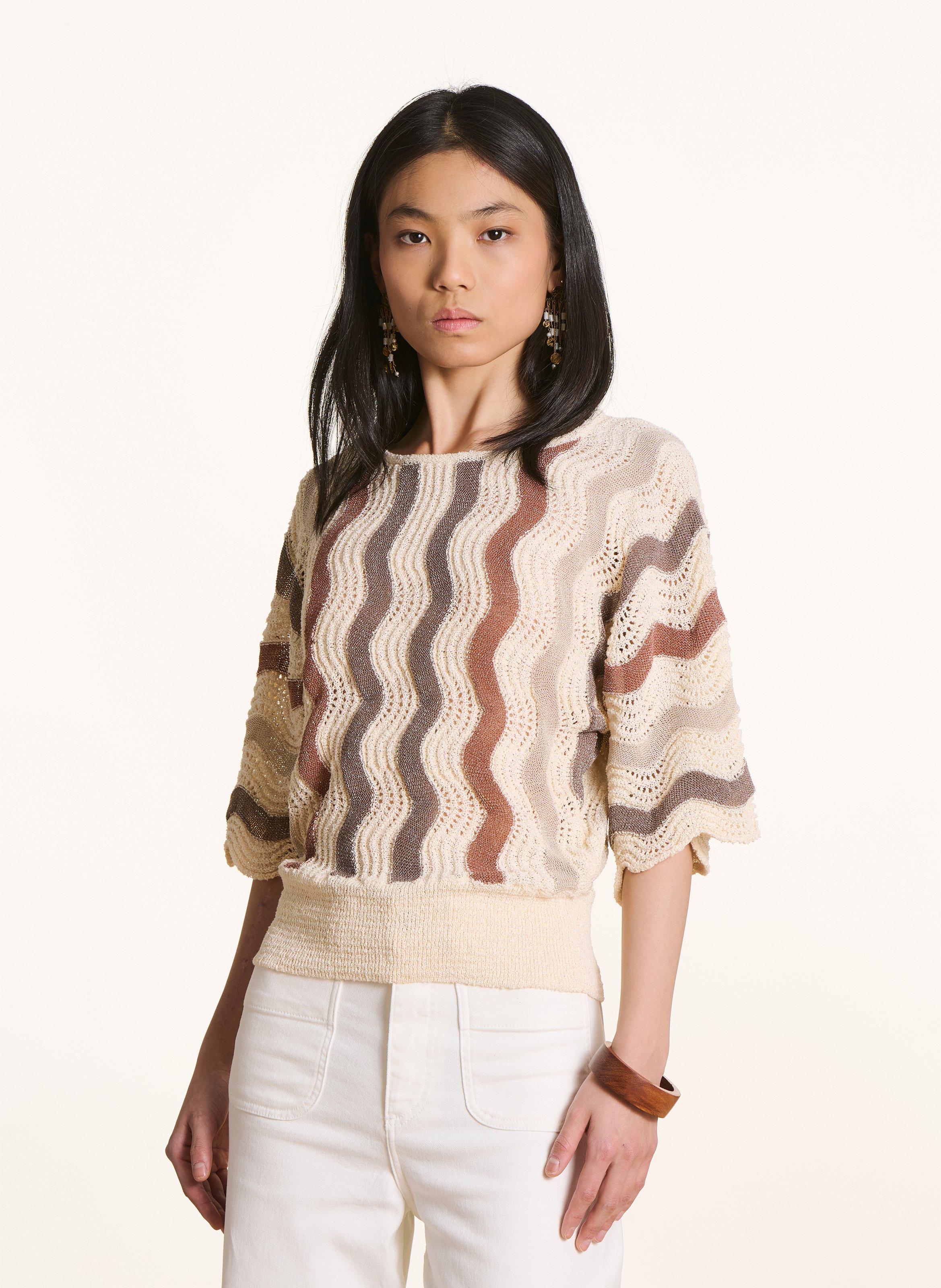 Pull à rayures col rond LA FEE MARABOUTEE Marron