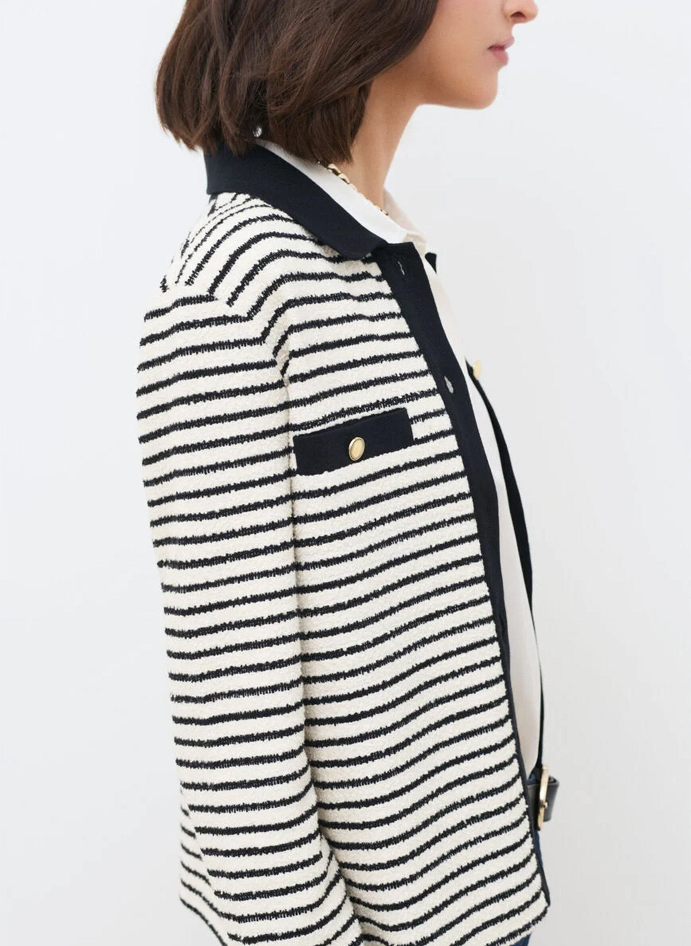 Gilet droit col classique en coton mélangé rayé CAROLL Beige