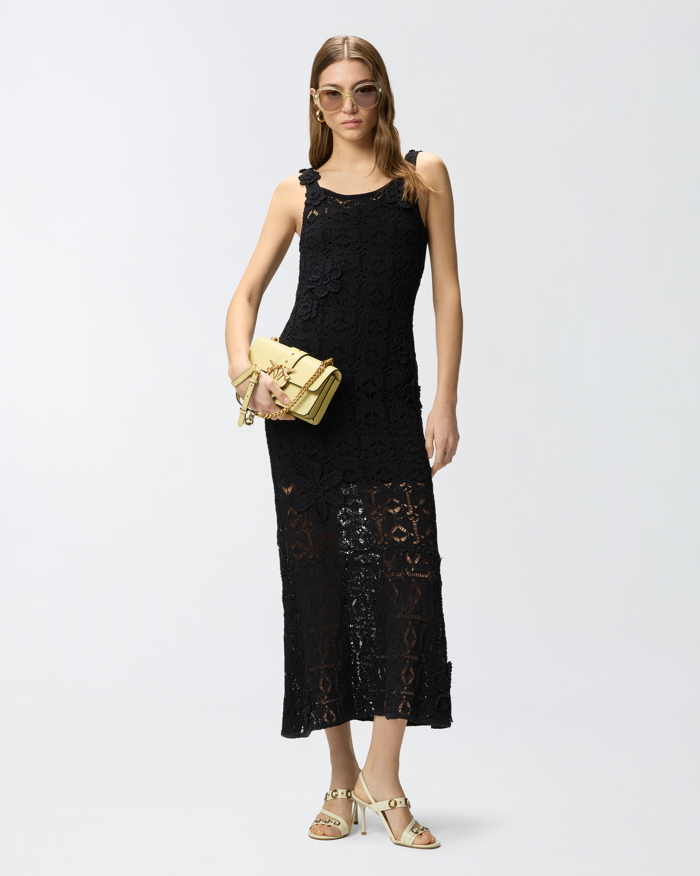 Midi dress with crochet effect and appliquéd flowers PINKO Black
