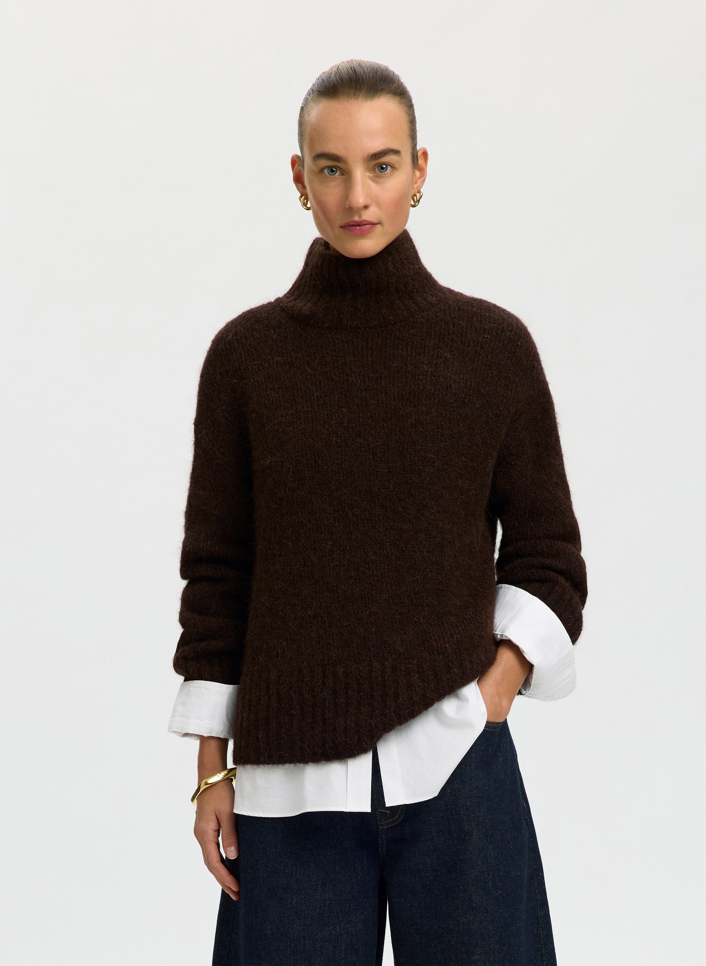 Magenta - Pullover mit Stehkragen, aus Wollmix SELECTED Braun